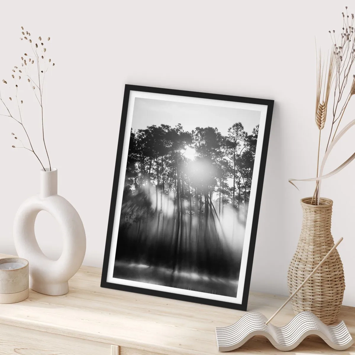 Poster in black frame - Black and white forest scene with sun rays in the fog - 50x70cm - Unstoppable Sun - Modern wall decoration for the living room and bedroom ARTTOR