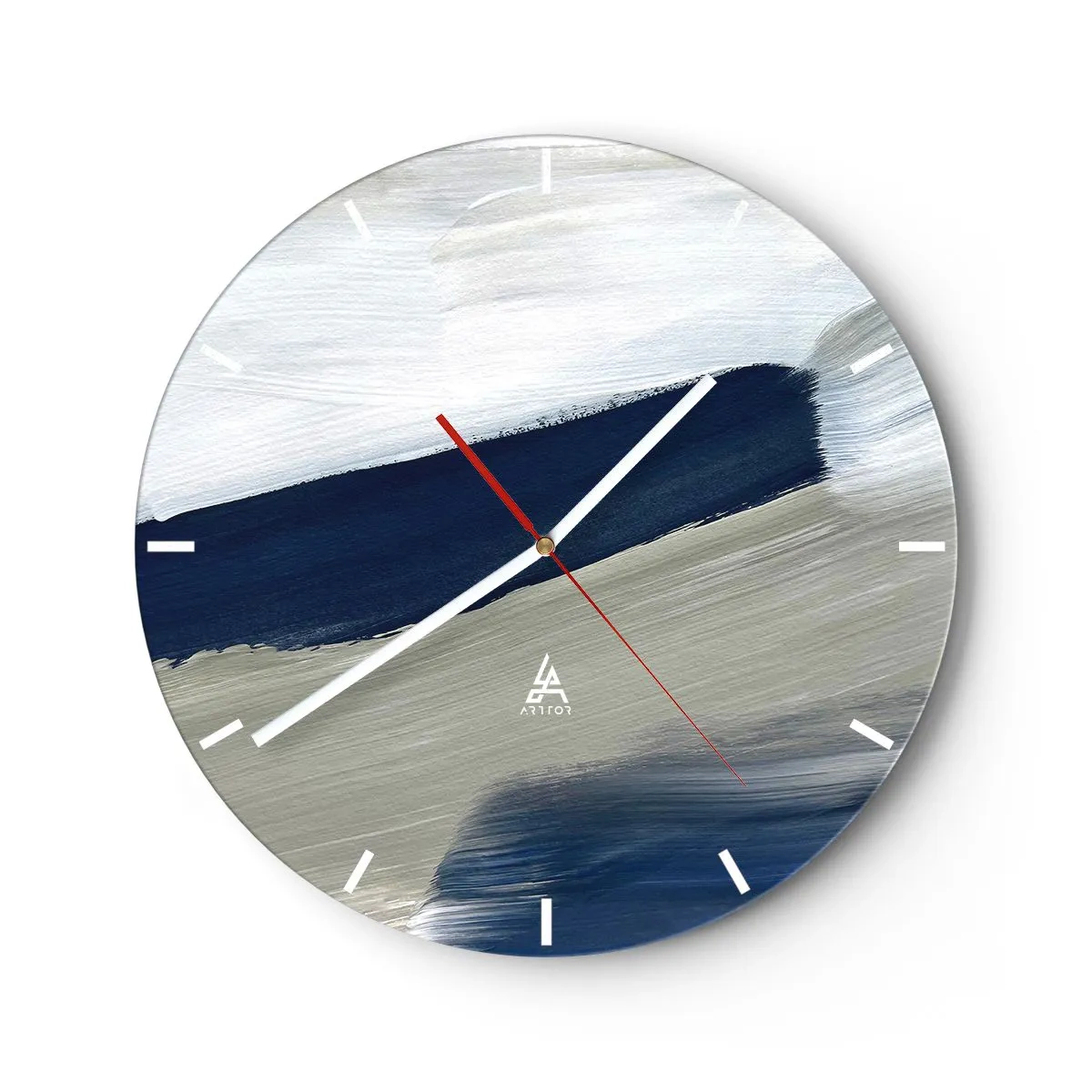 Wall clock - Clock on glass - Abstract brushstrokes in white and navy blue - 30x30cm - Encounter with White - Modern wall decoration for the living room, kitchen, and bedroom ARTTOR