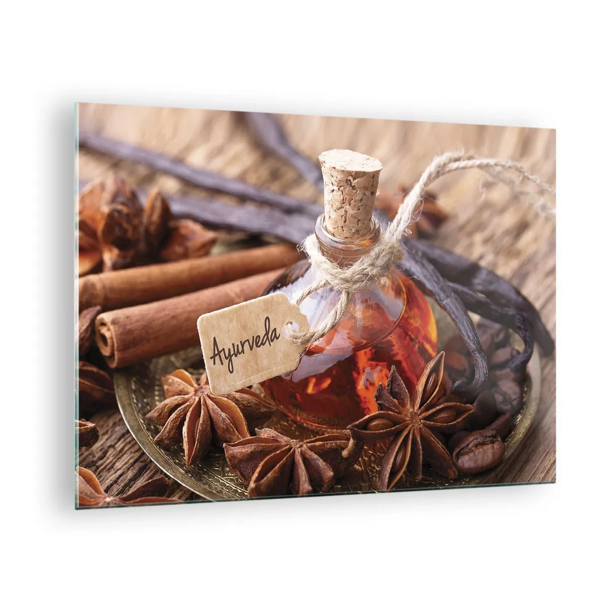 Glass picture - Ayurvedic style oil and spice bottle - 70x50cm - Unity of Body and Spirit - Modern wall decoration for the living room and bedroom ARTTOR
