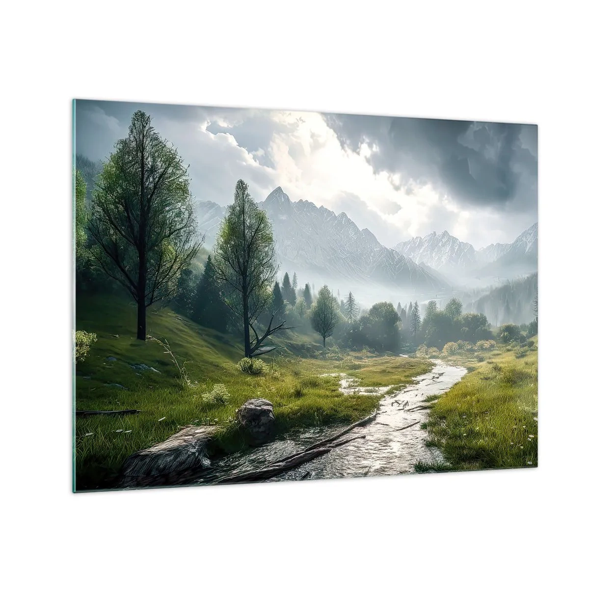 Glass picture - A mountain landscape with a stream and a green valley in the morning - 70x50cm - There And Back - Modern wall decoration for the living room and bedroom ARTTOR