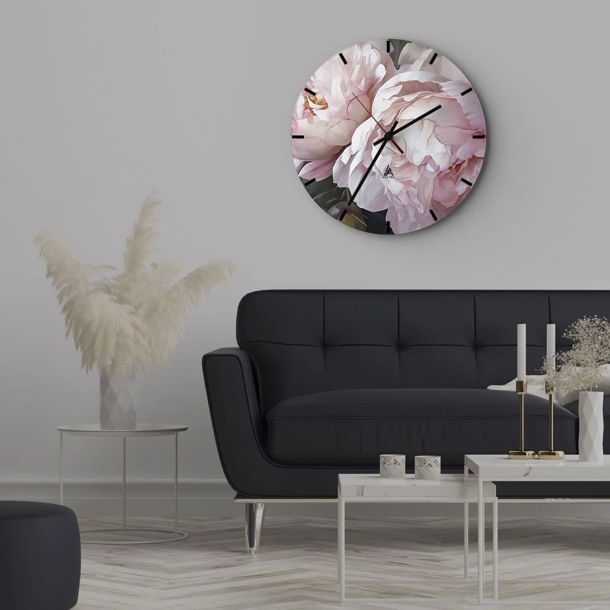 Wall clock - Clock on glass - Delicate pink peonies in close-up - 30x30cm - Captured in Full Bloom - Modern wall decoration for the living room, kitchen, and bedroom ARTTOR