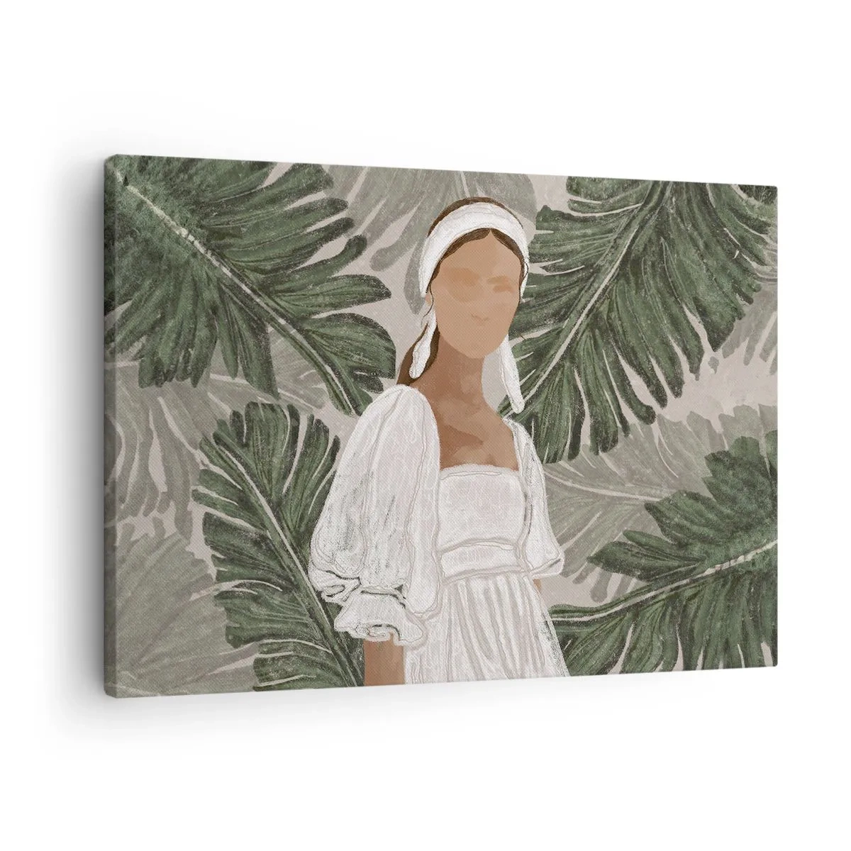 Canvas picture - Portrait of a woman in a white dress against a background of monstera leaves - 70x50cm - Exotic Portrait - Modern wall decoration for the living room and bedroom ARTTOR