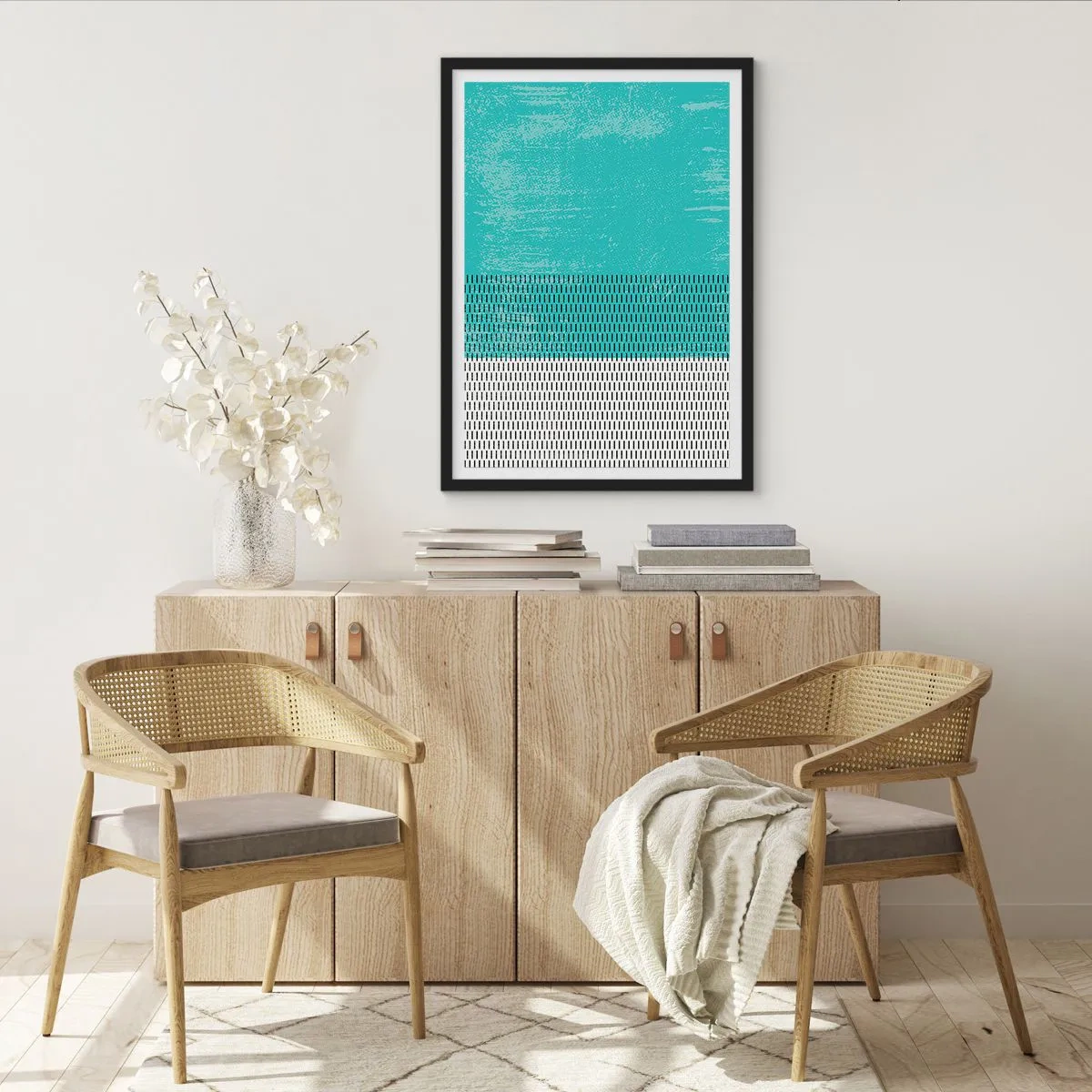 Poster in black frame - Geometric pattern with turquoise and white elements in a minimalist style - 50x70cm - Balanced Composition - Modern wall decoration for the living room and bedroom ARTTOR