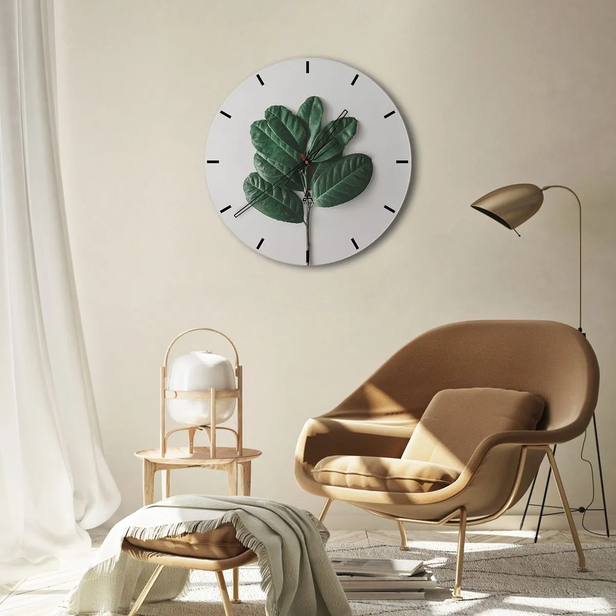 Wall clock - Clock on glass - A green branch with large leaves on a light background - 30x30cm - Drawing of Nature Itself - Modern wall decoration for the living room, kitchen, and bedroom ARTTOR