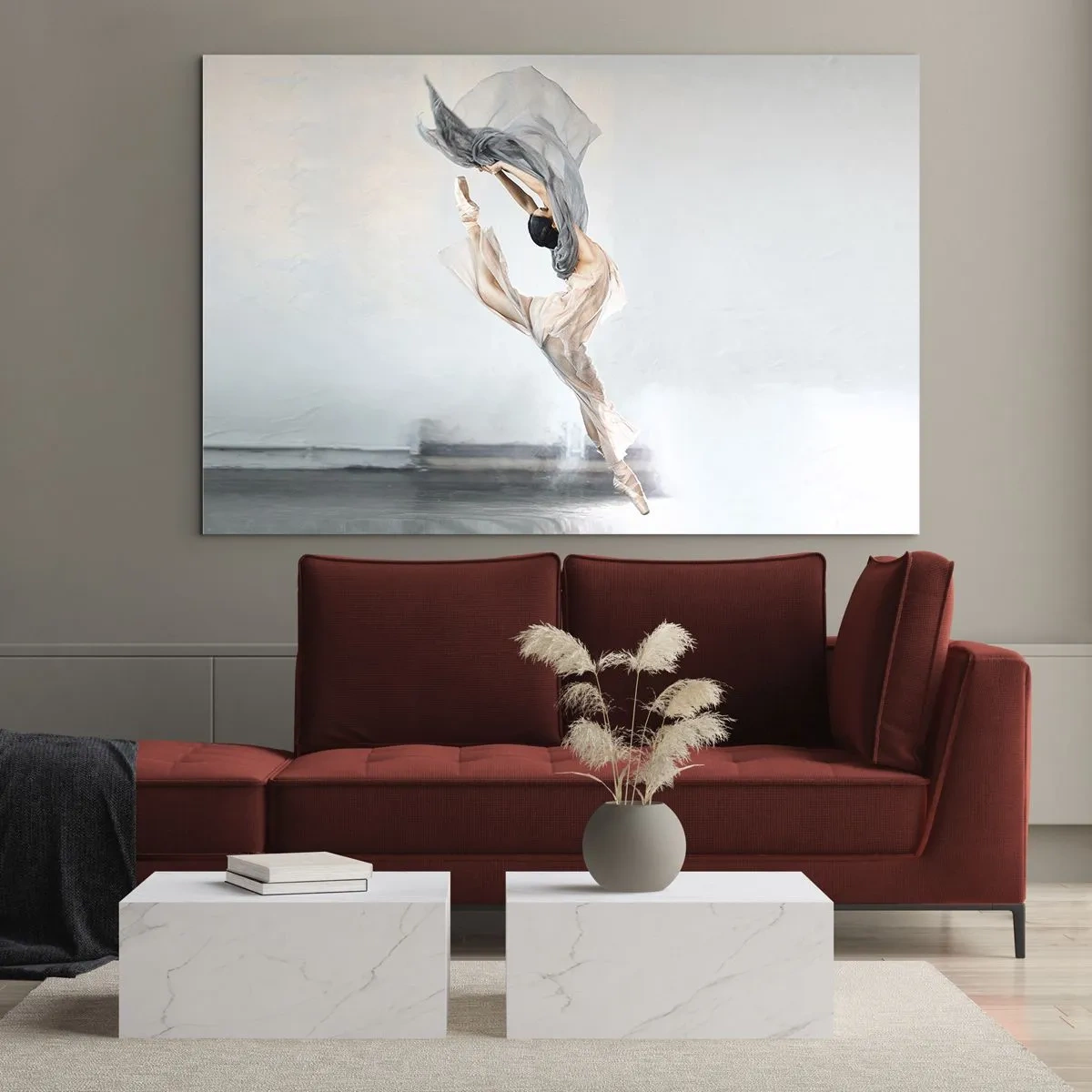 Glass picture - A ballerina performs a dynamic jump in soft light. - 70x50cm - In Dancing Exaltation - Modern wall decoration for the living room and bedroom ARTTOR