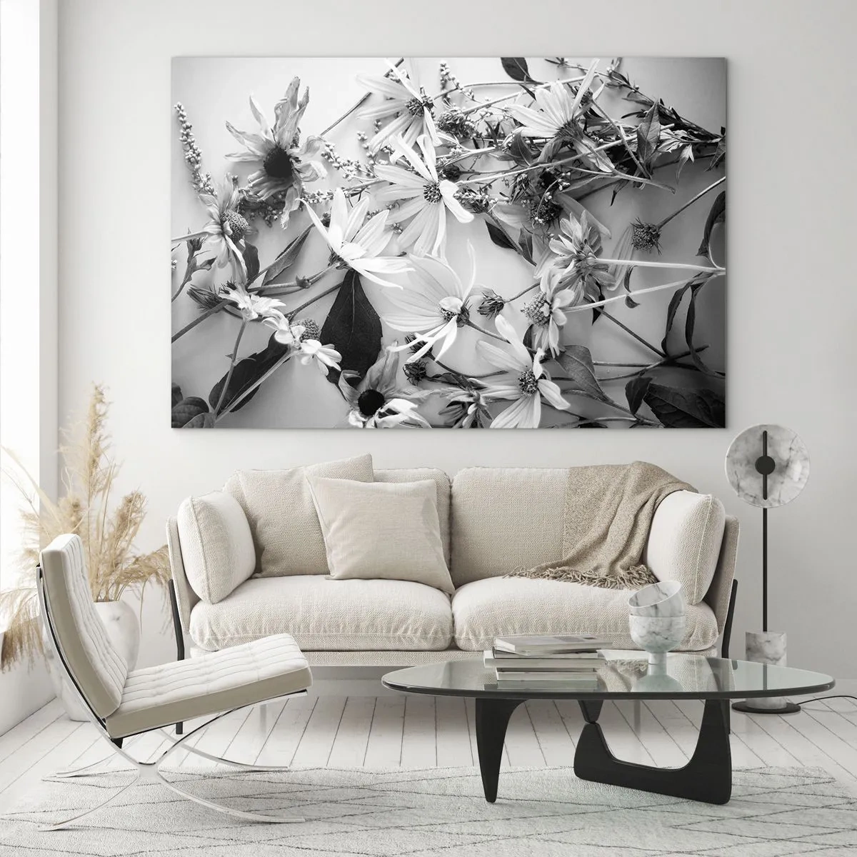 Glass picture - Scattered black and white flowers in an artistic arrangement - 70x50cm - No-Bouquet of Flowers - Modern wall decoration for the living room and bedroom ARTTOR