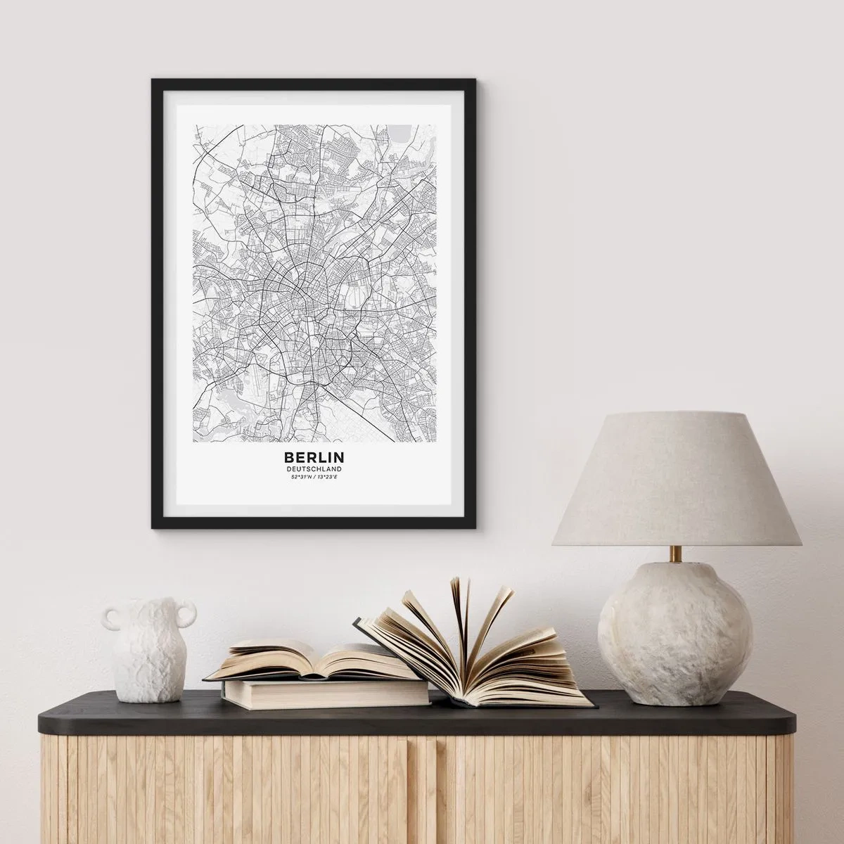 Poster in black frame - A black and white map of Berlin with precisely mapped streets. - 50x70cm - Flower of Berlin - Modern wall decoration for the living room and bedroom ARTTOR