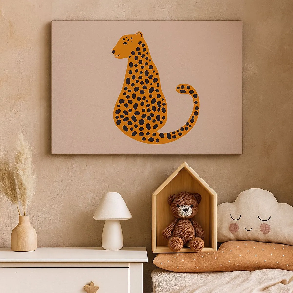 Canvas picture - A minimalist drawing of a panther on a beige background - 70x50cm - Leopard Print Is Fashionable - Modern wall decoration for the living room and bedroom ARTTOR