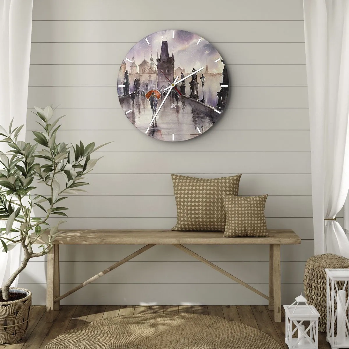 Wall clock - Clock on glass - Romantic scene on a bridge in the rain with an orange umbrella - 30x30cm - Peaople Don't Change - Modern wall decoration for the living room, kitchen, and bedroom ARTTOR