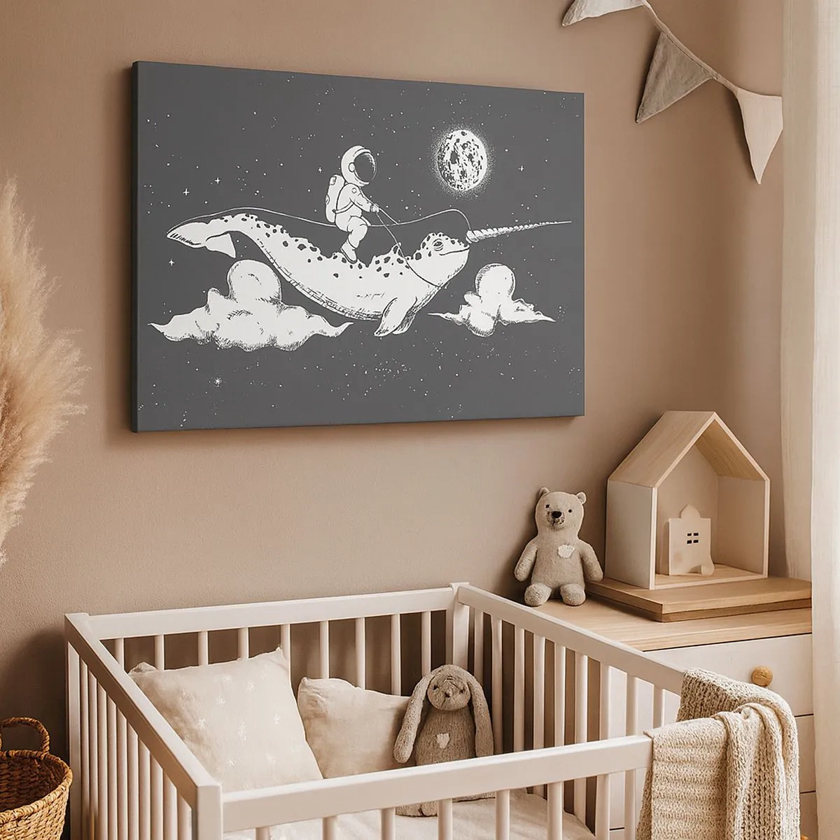 Canvas picture - An astronaut on the back of a narwhal floating in a space scene. - 70x50cm - Space Rider - Modern wall decoration for the living room and bedroom ARTTOR