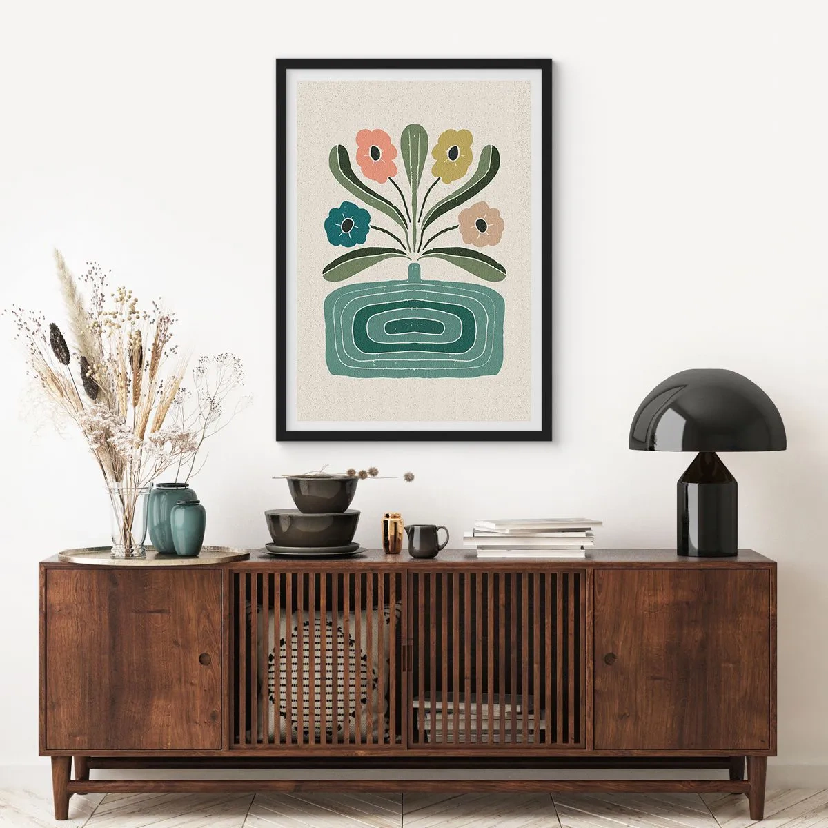 Poster in black frame - Stylized flowers in a graphic composition - 50x70cm - Symmetrical Bouquet - Modern wall decoration for the living room and bedroom ARTTOR