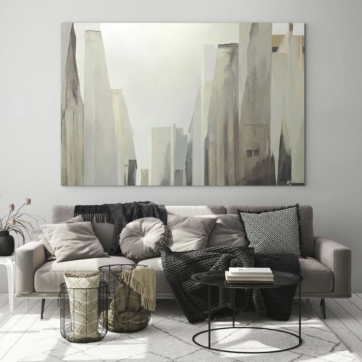 Glass picture - An abstract vision of urban buildings in a muted palette - 70x50cm - Dream of a City - Modern wall decoration for the living room and bedroom ARTTOR