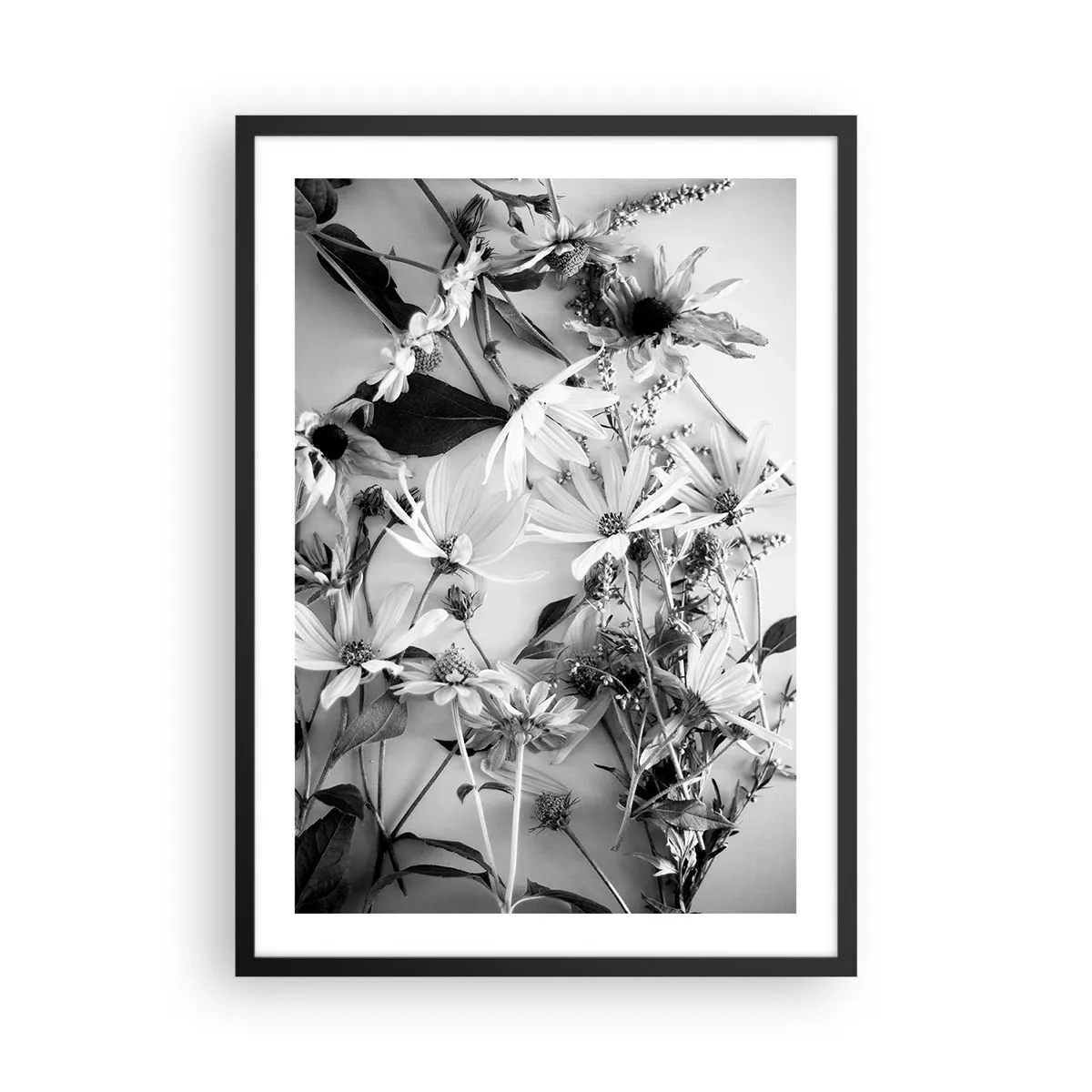 Poster in black frame - Black and white flowers arranged in an artistic arrangement - 50x70cm - No-Bouquet of Flowers - Modern wall decoration for the living room and bedroom ARTTOR