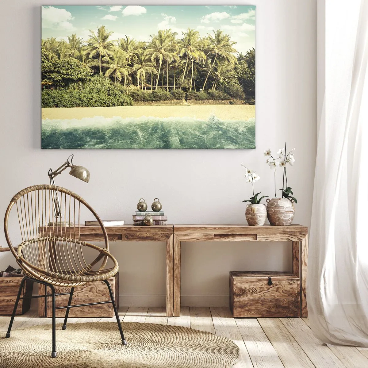 Canvas picture - Tropical beach with palm trees and turquoise sea - 70x50cm - How about Here? - Modern wall decoration for the living room and bedroom ARTTOR