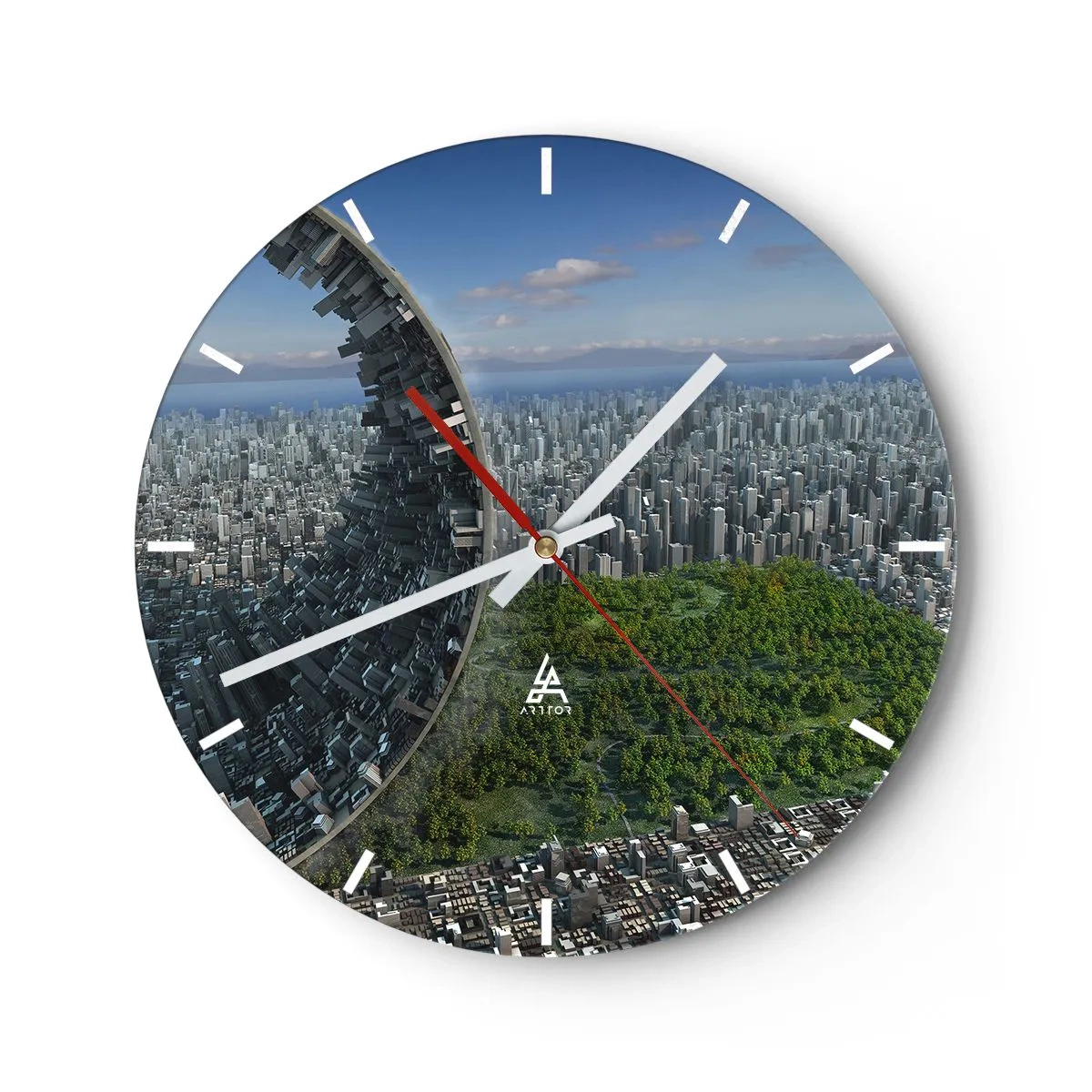 Wall clock - Clock on glass - A futuristic city with a broken structure and greenery in the background. - 30x30cm - Nature Is Eternal - Modern wall decoration for the living room, kitchen, and bedroom ARTTOR