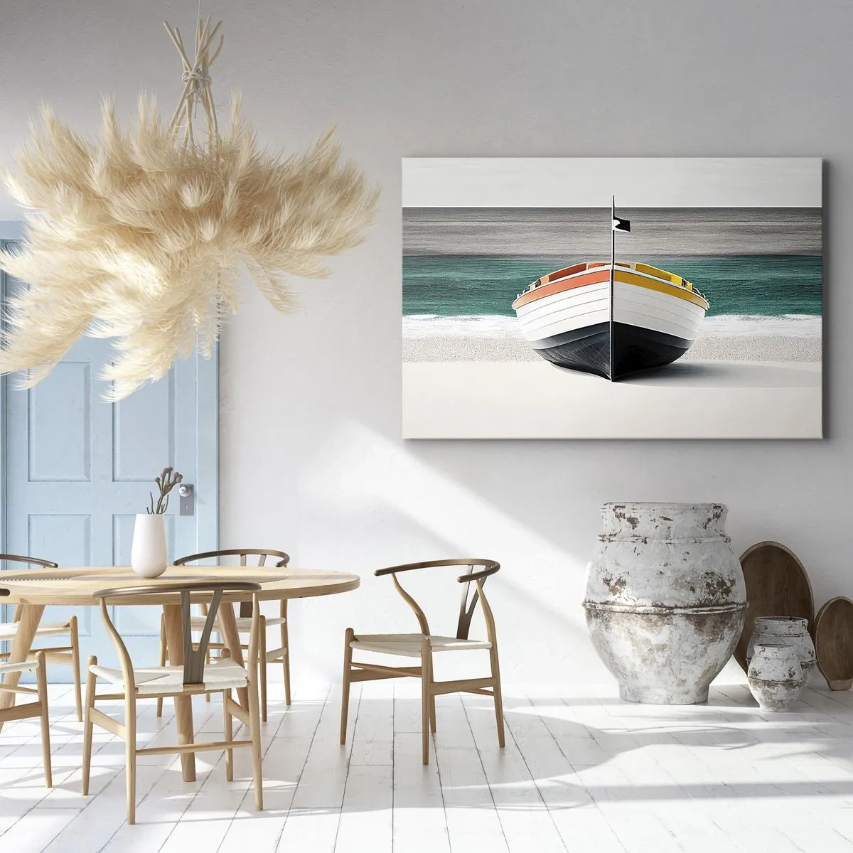 Canvas picture - A boat on the beach with a turquoise sea in the background - 70x50cm - In Its Place - Modern wall decoration for the living room and bedroom ARTTOR