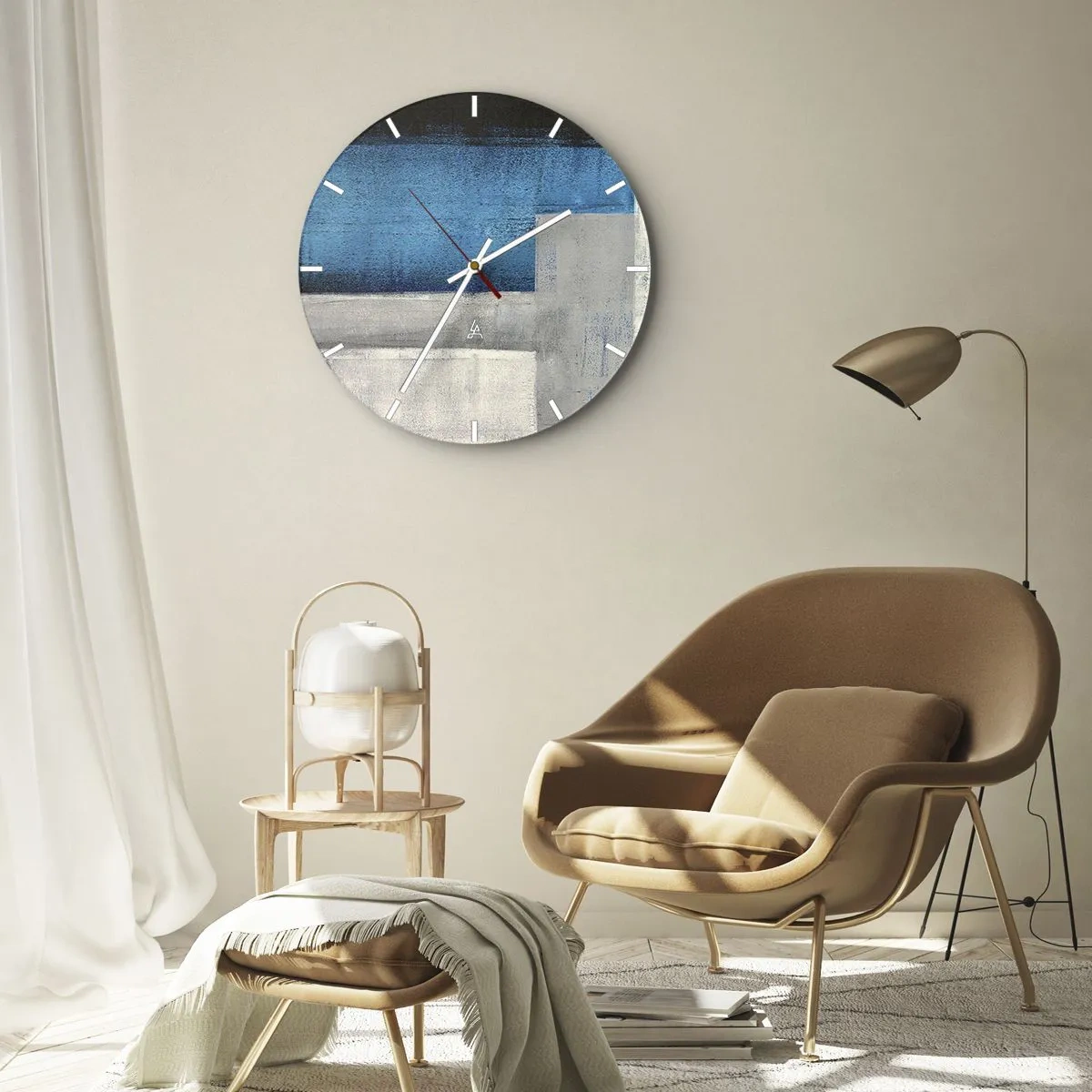 Wall clock - Clock on glass - Abstract composition with blue and gray tones - 30x30cm - Poetic Composition of Blue and Grey - Modern wall decoration for the living room, kitchen, and bedroom ARTTOR