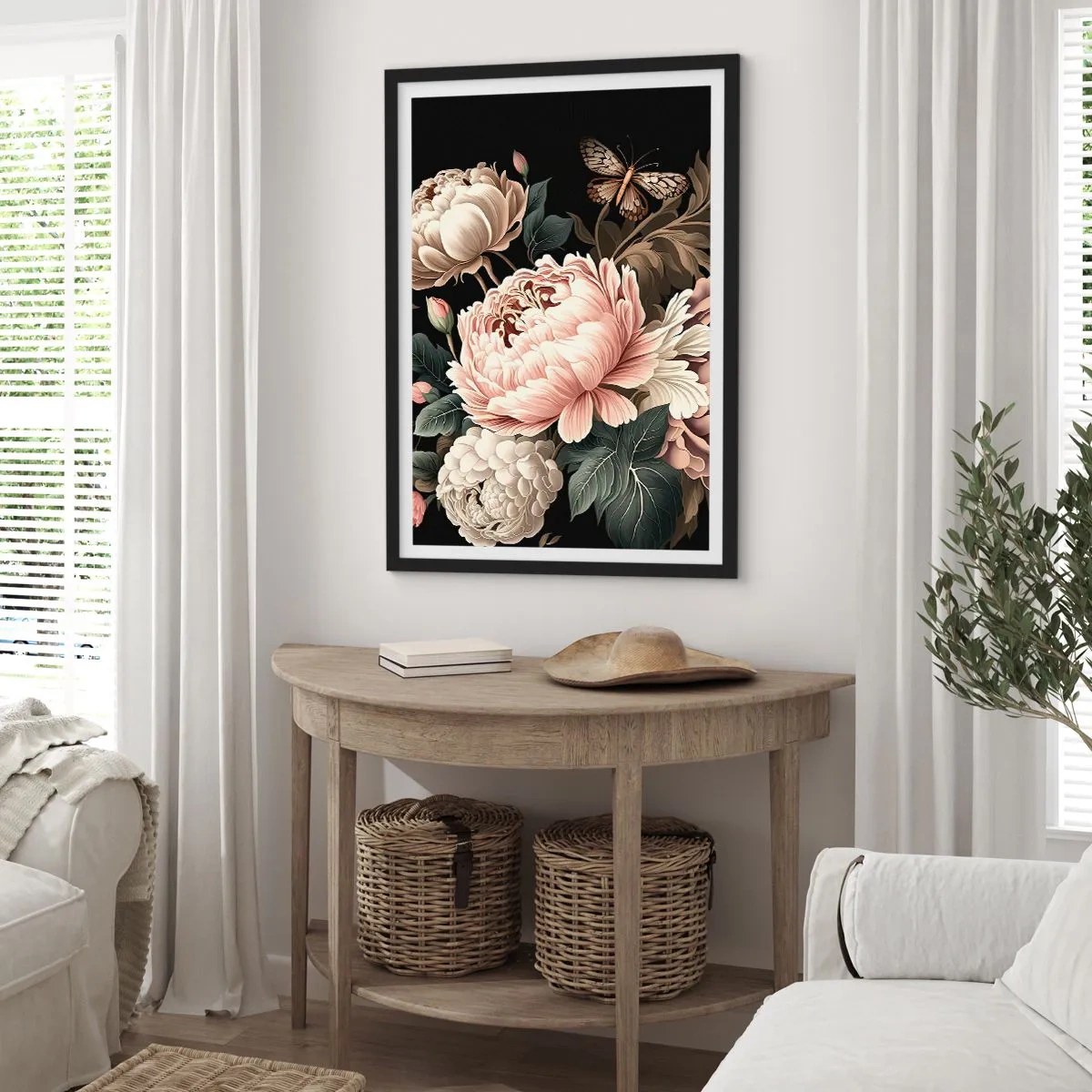 Poster in black frame - Elegant peonies and a butterfly on a black background - 50x70cm - Baroque Style - Modern wall decoration for the living room and bedroom ARTTOR