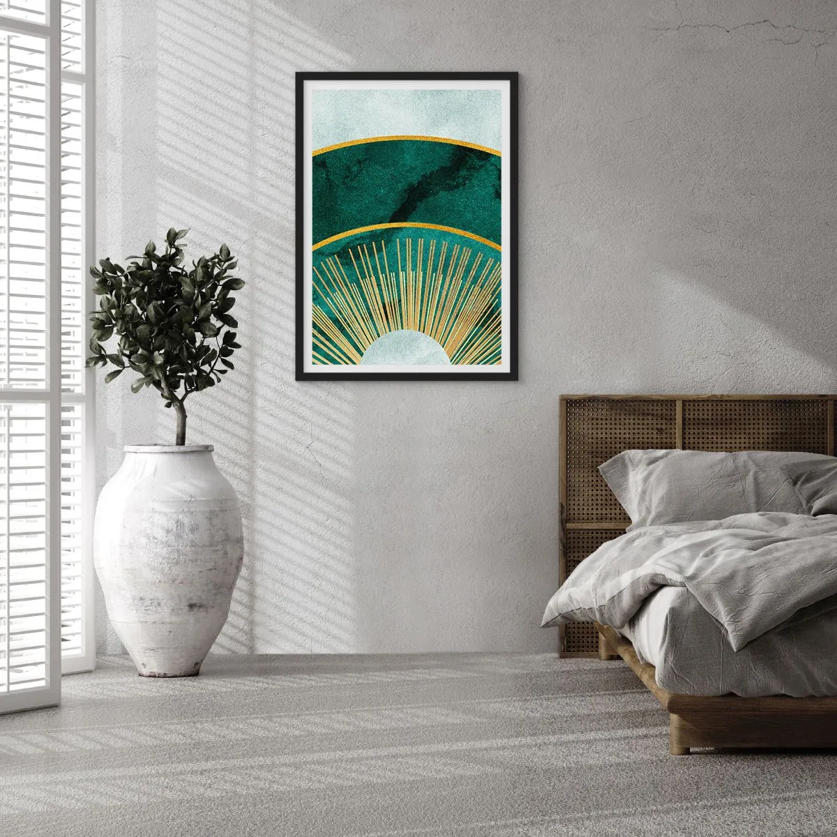 Poster in black frame - An elegant geometric composition in shades of green and gold - 50x70cm - Another Solar System - Modern wall decoration for the living room and bedroom ARTTOR