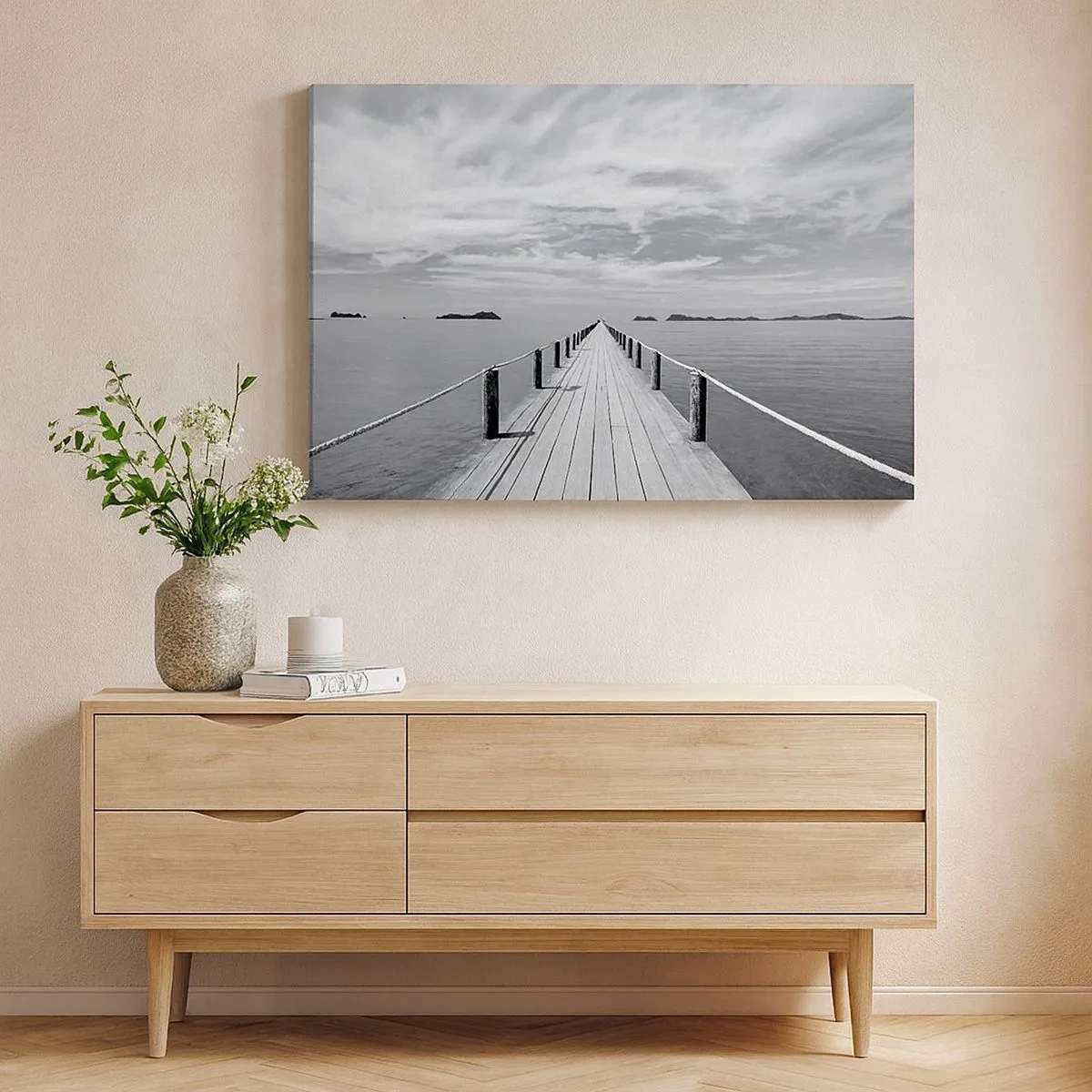 Canvas picture - A wooden pier leading into the distance over a calm sea - 70x50cm - Maybe a Trip… - Modern wall decoration for the living room and bedroom ARTTOR