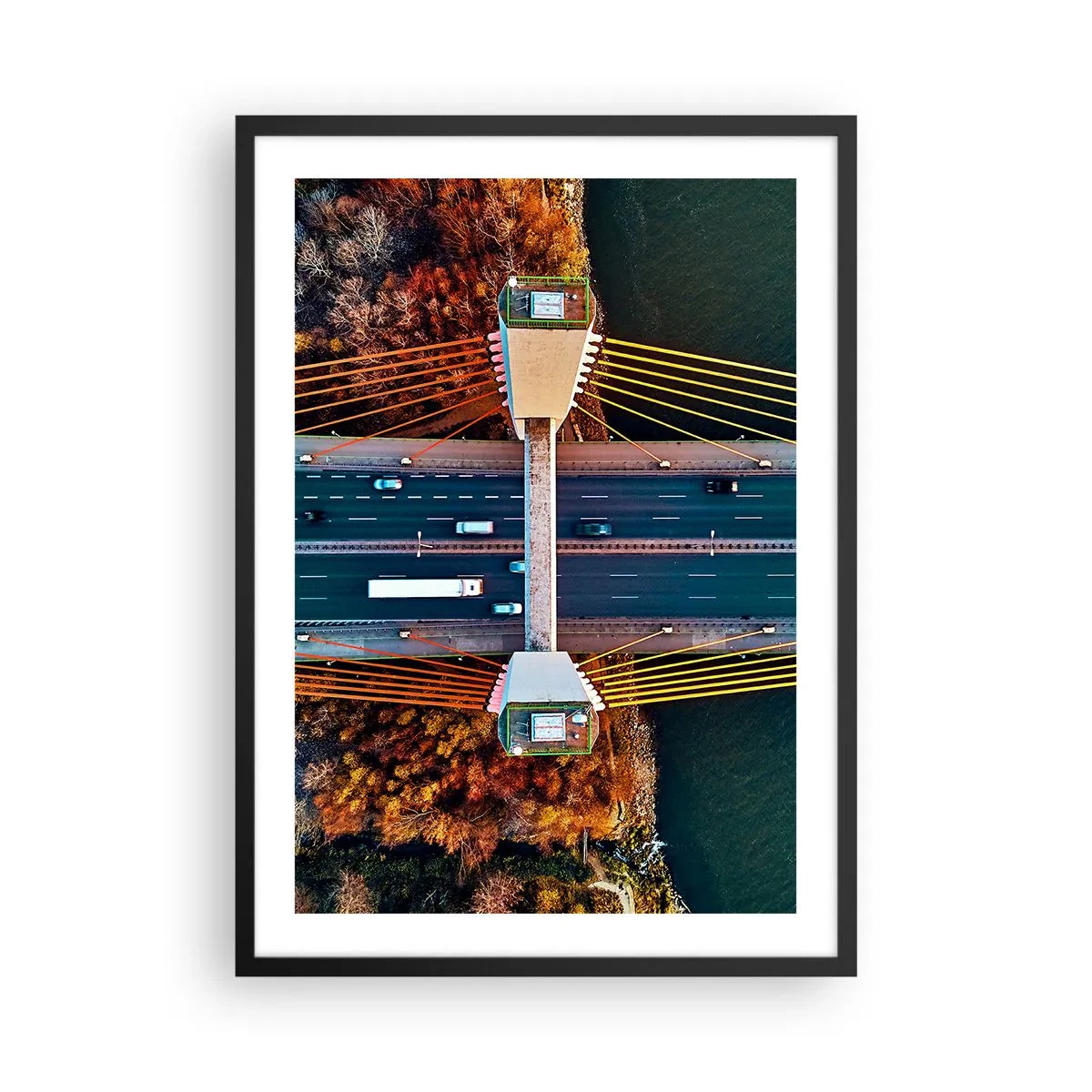 Poster in black frame - Top view of a modern bridge with cars and yellow ropes - 50x70cm - Behind Seas and Oceans - Modern wall decoration for the living room and bedroom ARTTOR