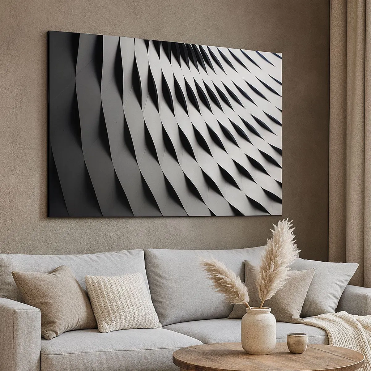 Canvas picture - Abstract geometric pattern in shades of black and white - 70x50cm - On the Surface of the Wave - Modern wall decoration for the living room and bedroom ARTTOR