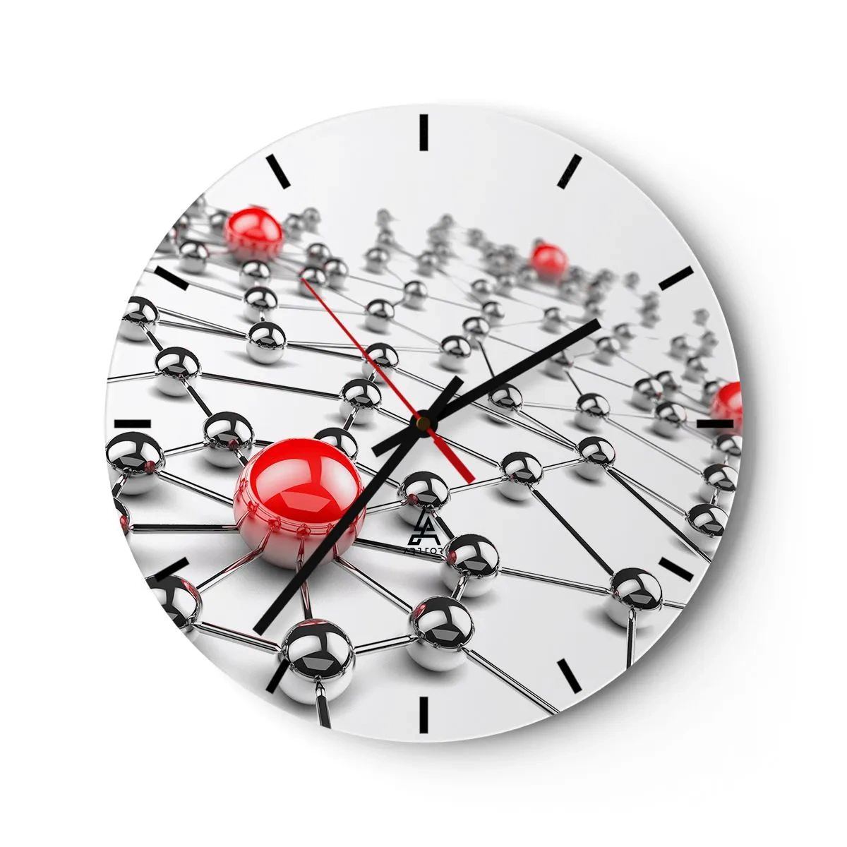 Wall clock - Clock on glass - Molecular structure with red accents on a white background - 30x30cm - Silver Net - Modern wall decoration for the living room, kitchen, and bedroom ARTTOR