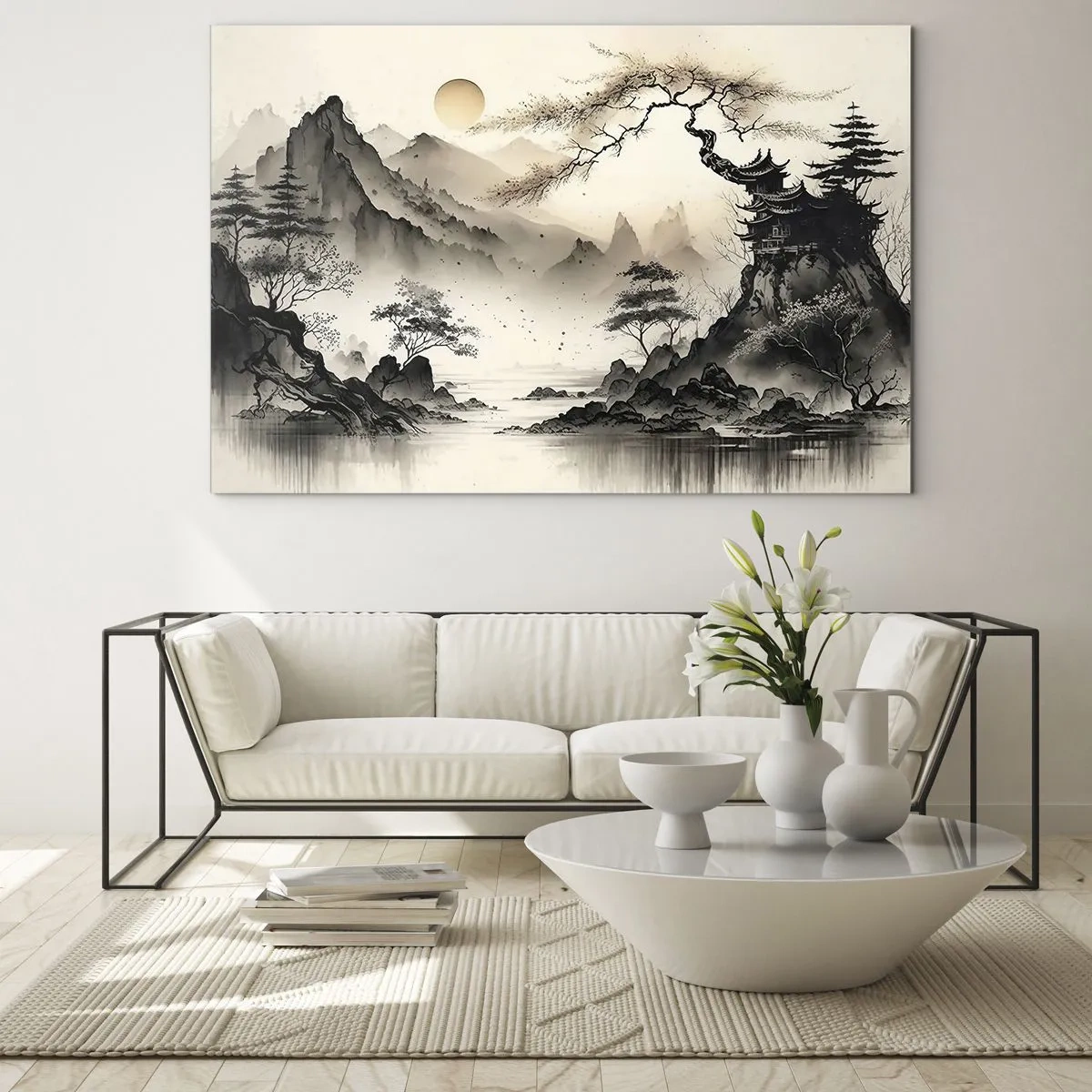 Glass picture - Oriental mountain landscape with a pagoda and trees - 70x50cm - Unique Charm of the Orient - Modern wall decoration for the living room and bedroom ARTTOR
