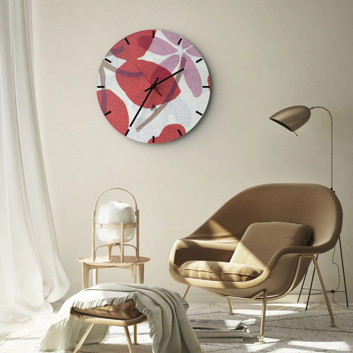 Wall clock - Clock on glass - Pink and red leaves on a white background with a linen texture - 30x30cm - Flower Composition in Pink - Modern wall decoration for the living room, kitchen, and bedroom ARTTOR