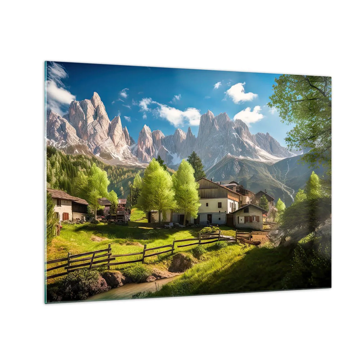 Glass picture - Rural development among greenery at the foot of the Alpine peaks - 70x50cm - Alpine Idyll - Modern wall decoration for the living room and bedroom ARTTOR