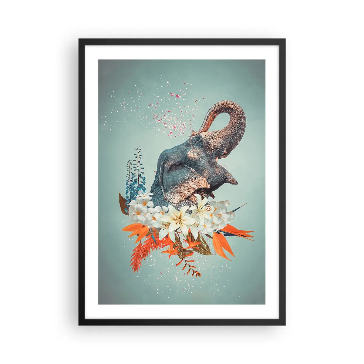 Poster in black frame - An elephant among flowers in a surreal composition - 50x70cm - Roar of Joy - Modern wall decoration for the living room and bedroom ARTTOR