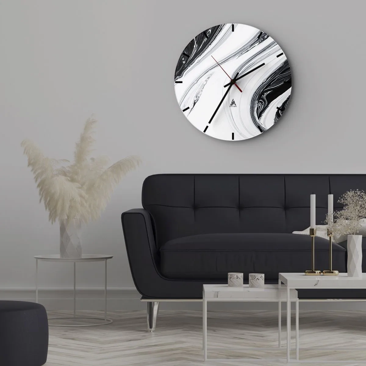 Wall clock - Clock on glass - Abstract black and white lines create a fluid, contrasting pattern. - 30x30cm - Connection of Opposites - Modern wall decoration for the living room, kitchen, and bedroom ARTTOR