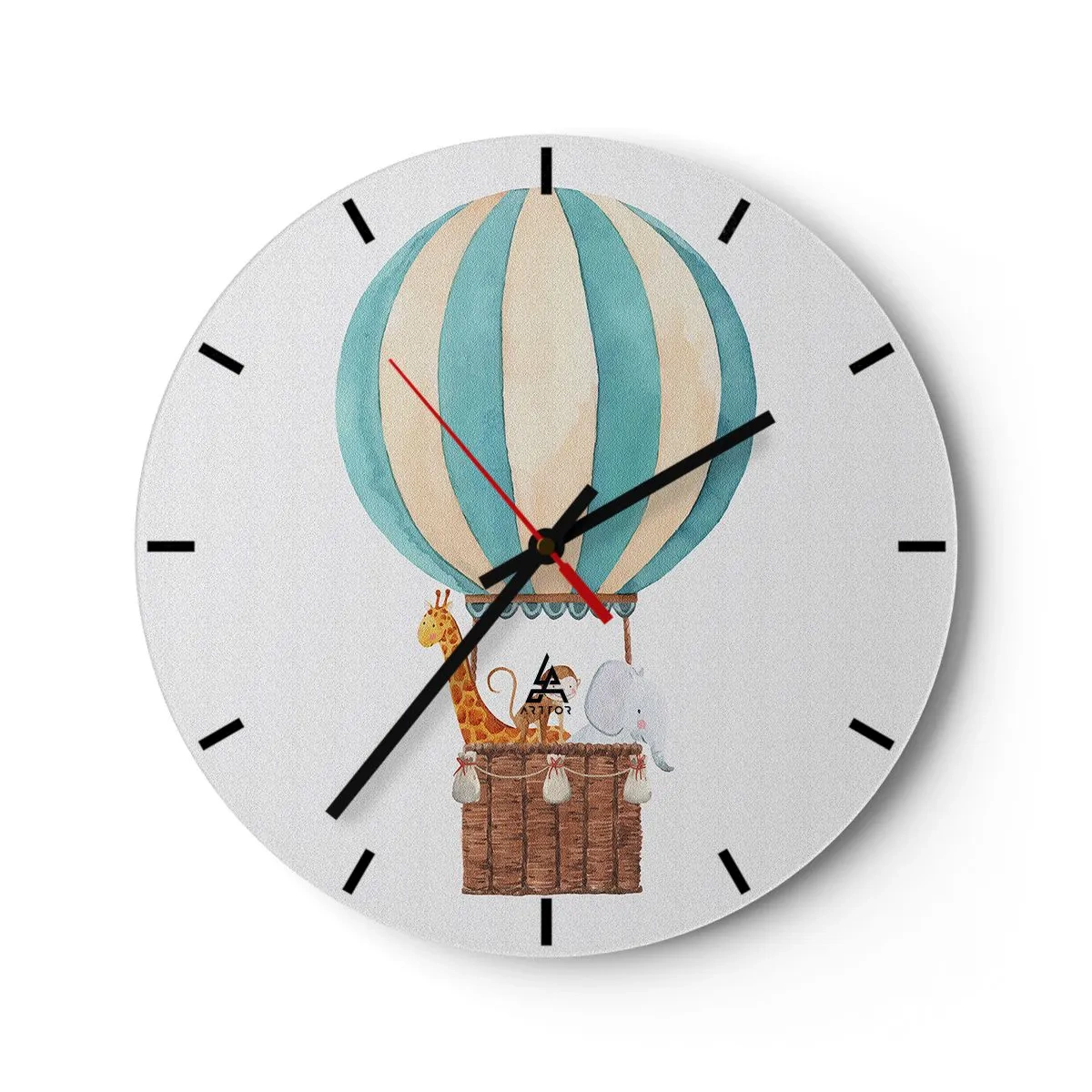 Wall clock - Clock on glass - A balloon with a giraffe and an elephant floating in the clouds - 30x30cm - Fantastic Trip - Modern wall decoration for the living room, kitchen, and bedroom ARTTOR
