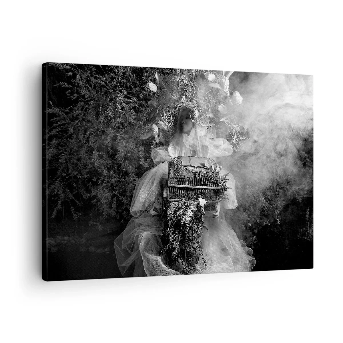 Canvas picture - A black and white composition with a figure in a dress and a cage in the fog. - 70x50cm - Mother Nature - Modern wall decoration for the living room and bedroom ARTTOR