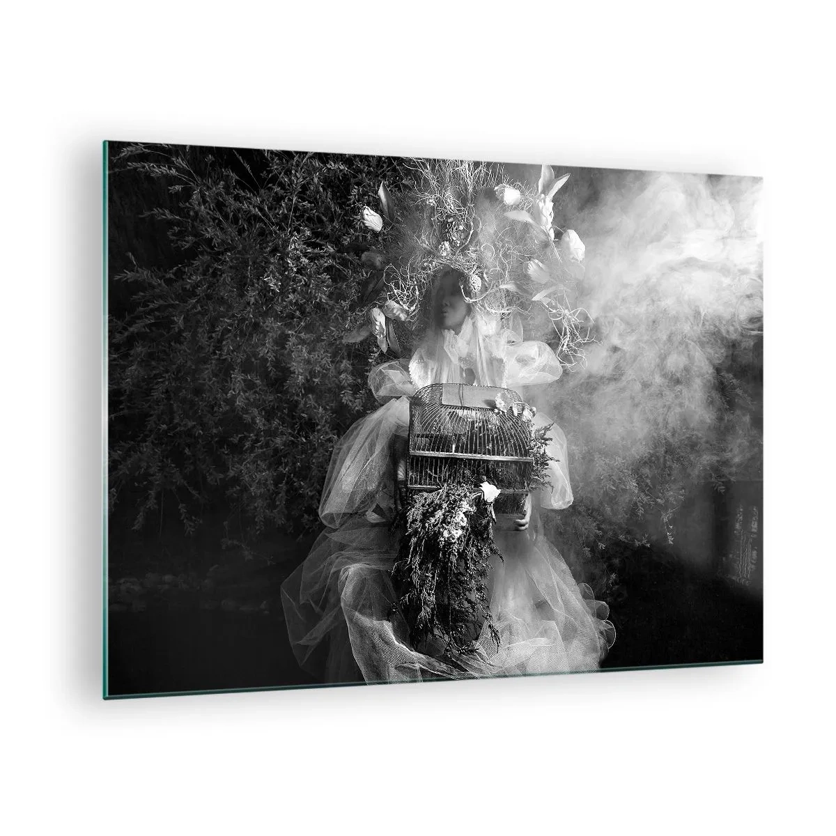 Glass picture - Woman in a tulle cage dress and plant crown in black and white - 70x50cm - Mother Nature - Modern wall decoration for the living room and bedroom ARTTOR