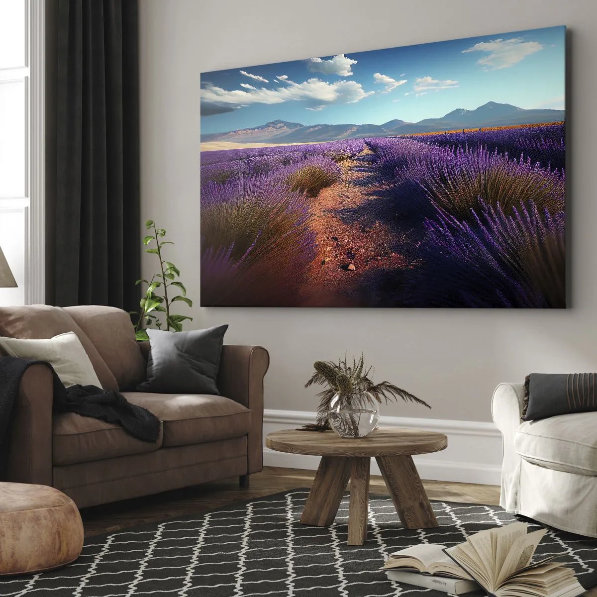 Canvas picture - A lavender field with a view of the mountains and blue sky - 70x50cm - Fragrant Fields - Modern wall decoration for the living room and bedroom ARTTOR