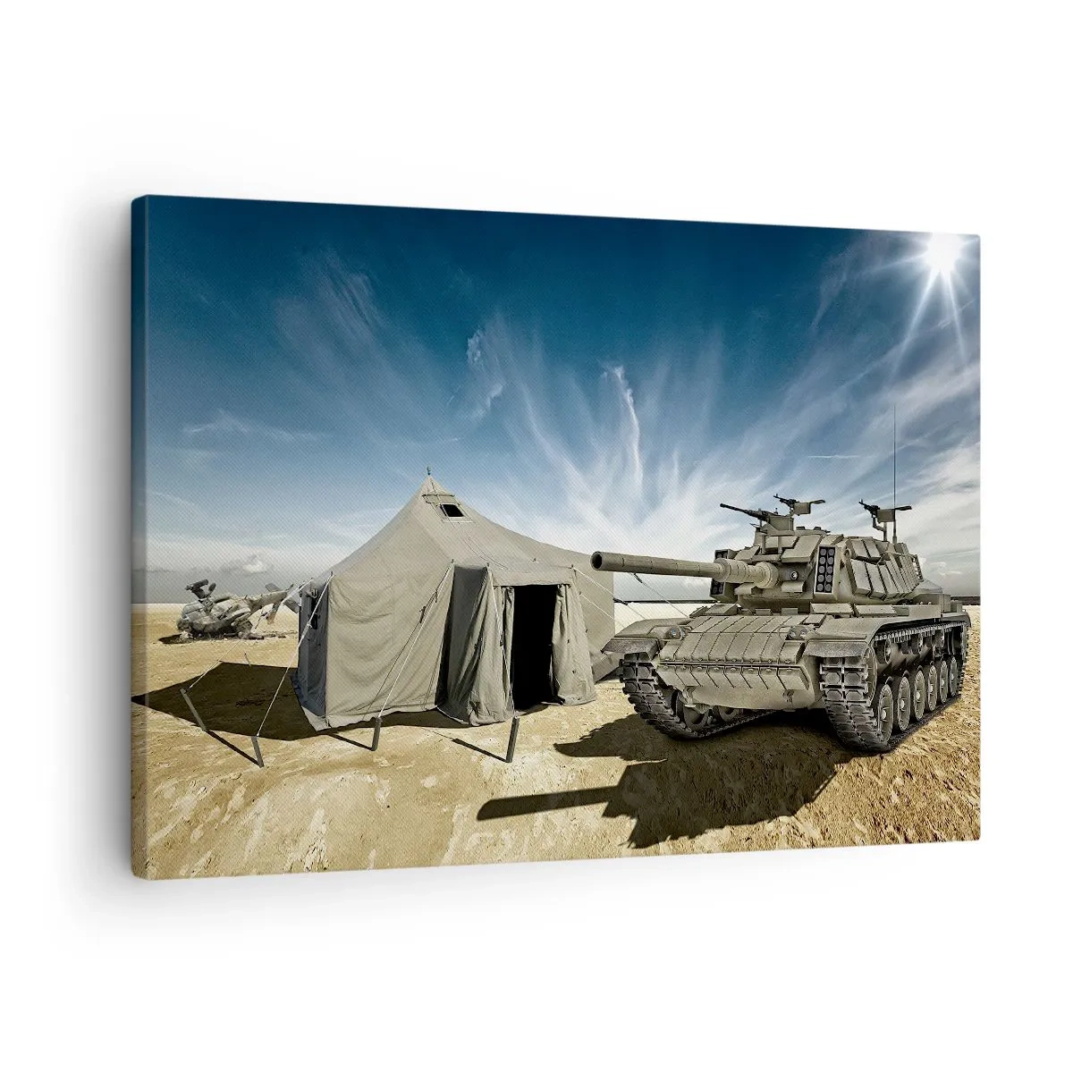 Canvas picture - A tank next to a military tent in a desert area - 70x50cm - Military Dream - Modern wall decoration for the living room and bedroom ARTTOR