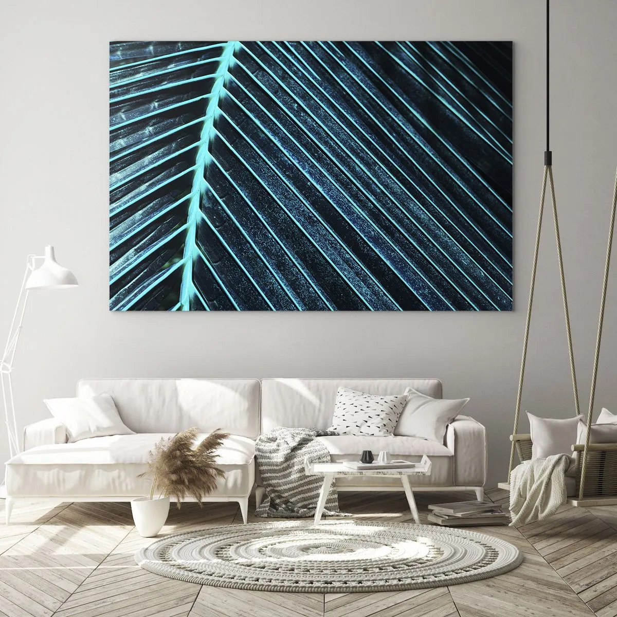 Glass picture - Macro photography of a palm leaf in shades of turquoise - 70x50cm - Texture of Green - Modern wall decoration for the living room and bedroom ARTTOR