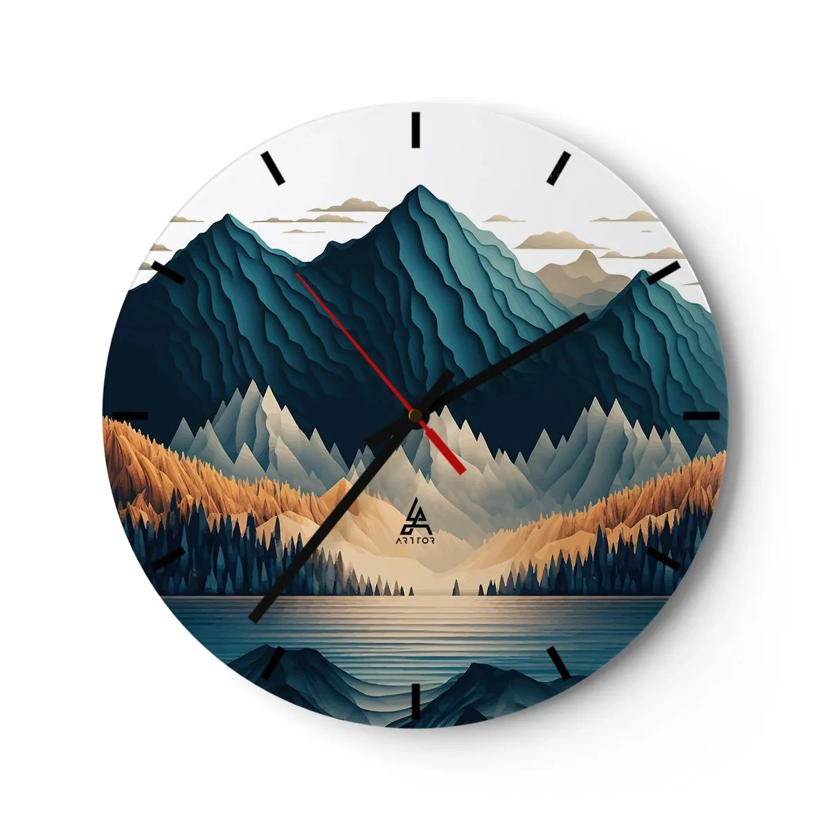 Wall clock - Clock on glass - Mountains in shades of navy blue and beige over the lake in the morning - 30x30cm - Perfect Mountain Landscape - Modern wall decoration for the living room, kitchen, and bedroom ARTTOR