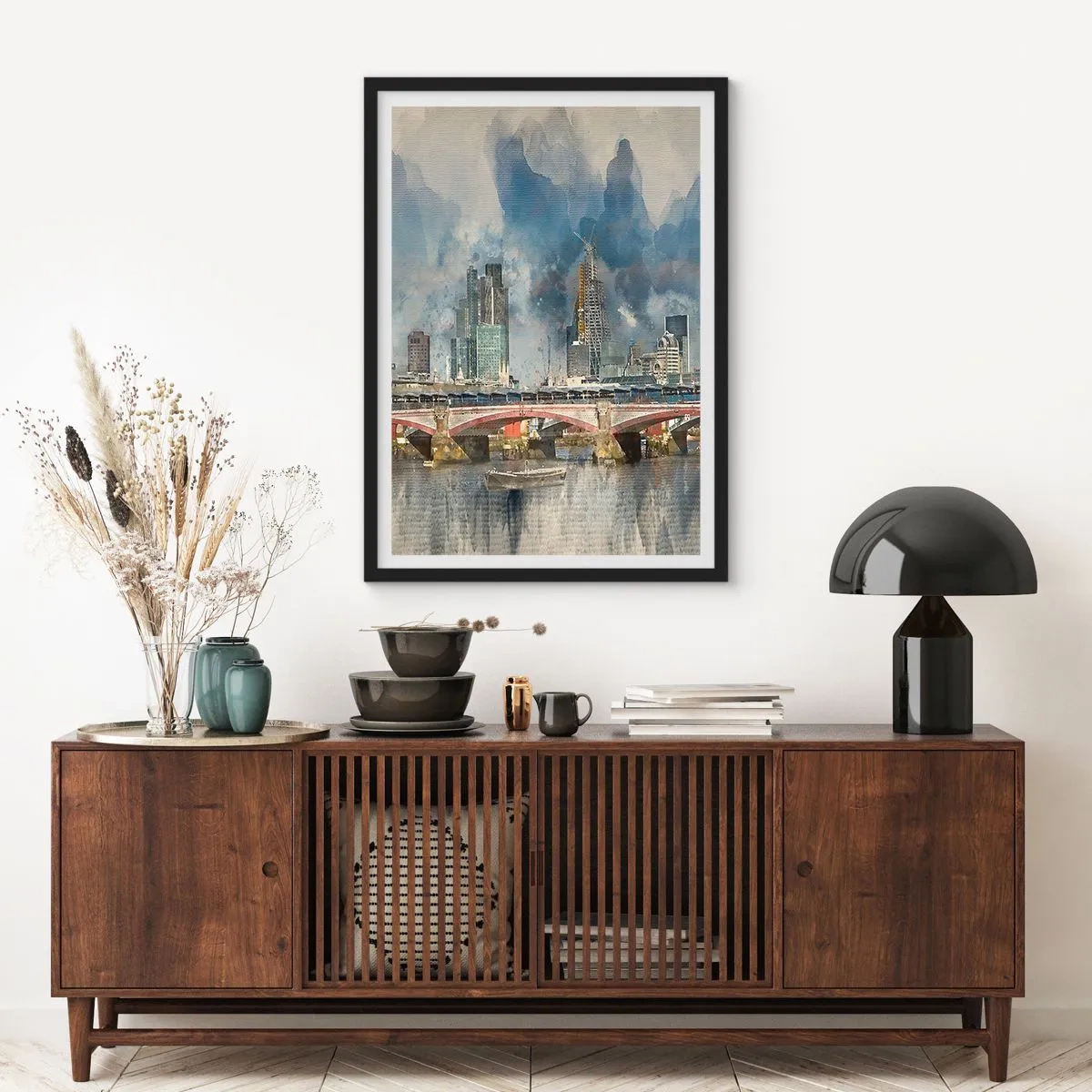 Poster in black frame - City landscape with a bridge and skyscrapers in the background - 50x70cm - London in Its Beauty - Modern wall decoration for the living room and bedroom ARTTOR