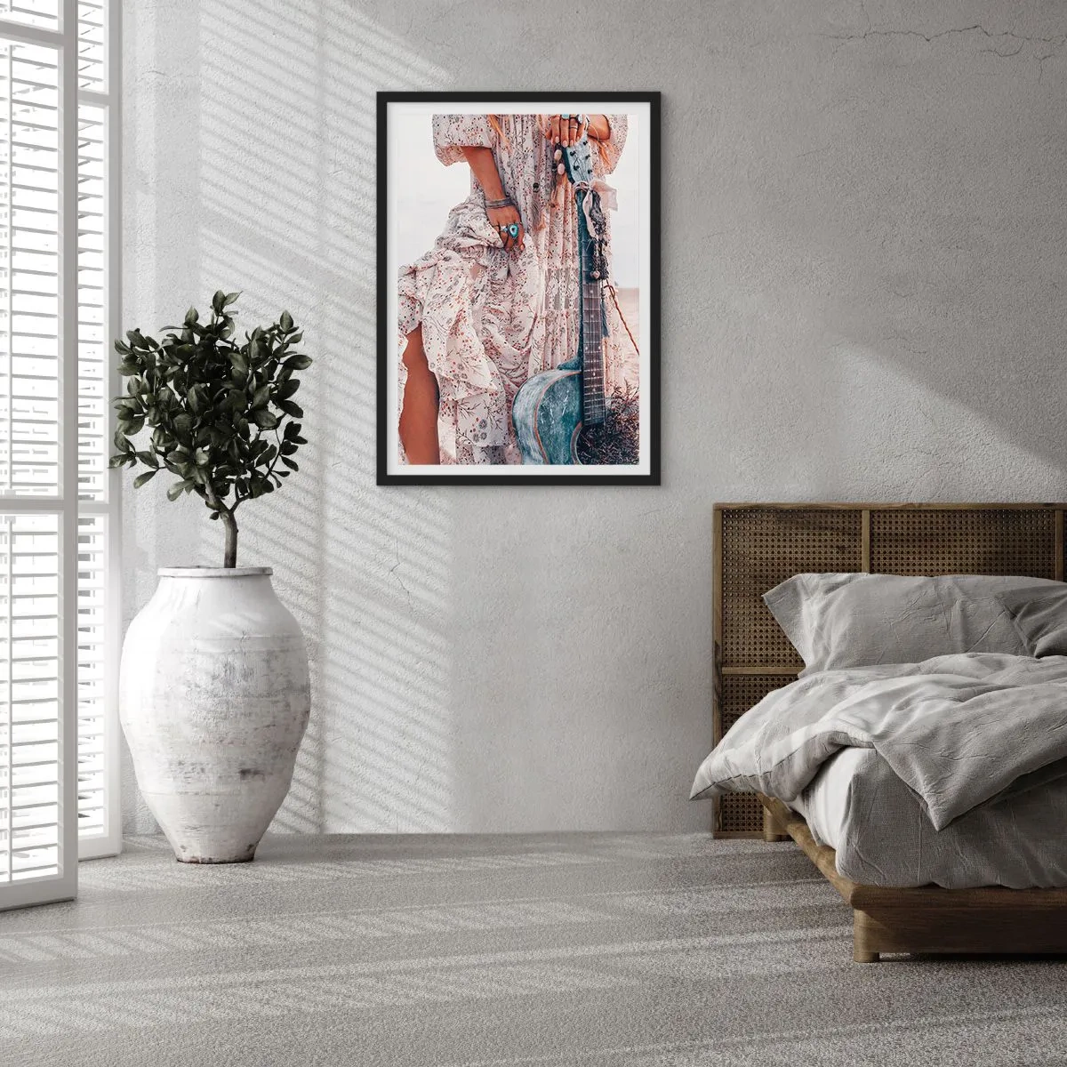 Poster in black frame - A fragment of a dress with ornaments and a boho-style guitar - 50x70cm - Flower Chidlren on their Way - Modern wall decoration for the living room and bedroom ARTTOR