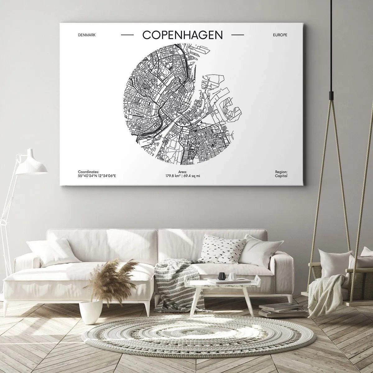 Canvas picture - A map of Copenhagen in a minimalist black and white style. - 70x50cm - Anatomy of Copenhagen - Modern wall decoration for the living room and bedroom ARTTOR