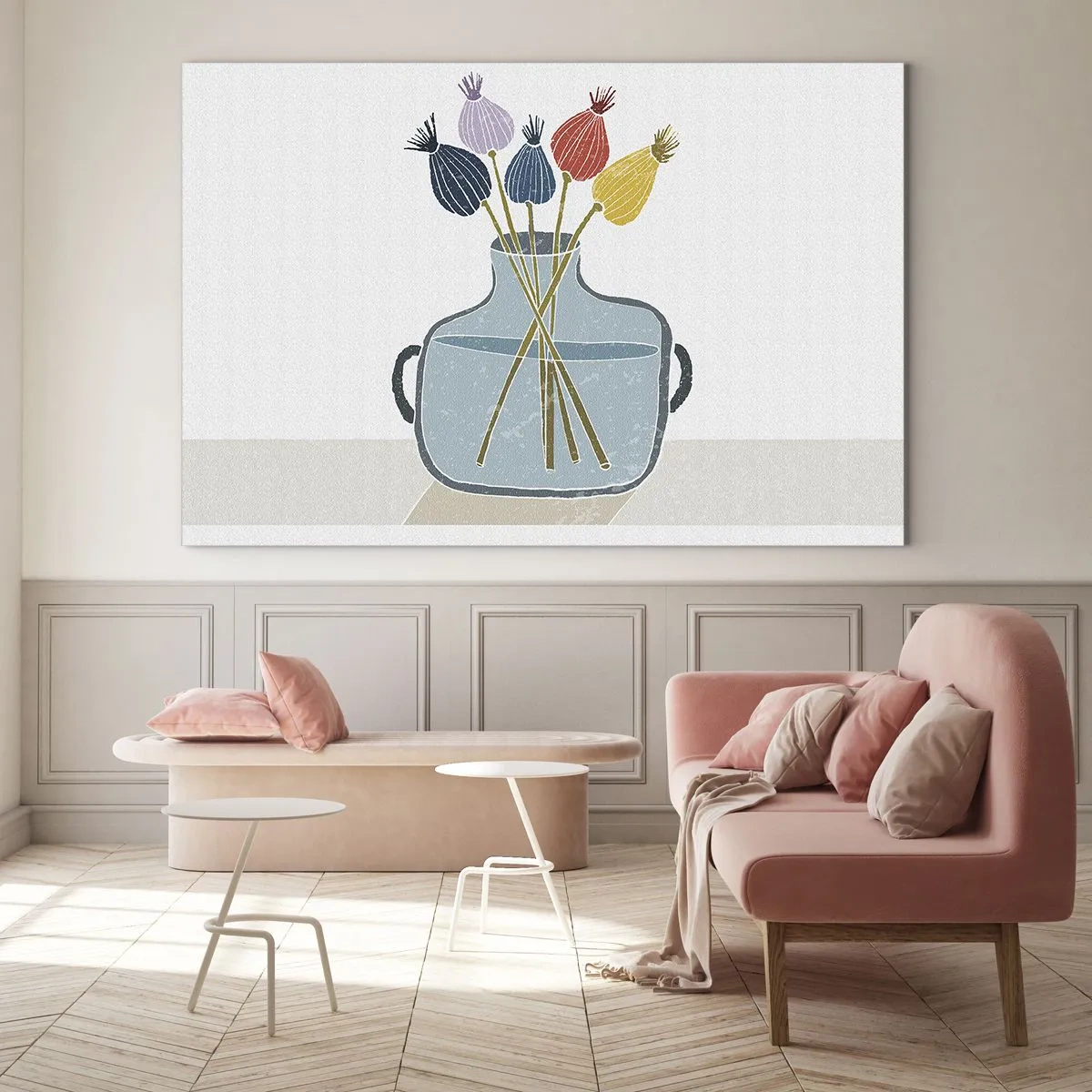 Glass picture - Decorative poppy heads in a jug in a graphic style - 70x50cm - As Quiet as Poppies - Modern wall decoration for the living room and bedroom ARTTOR