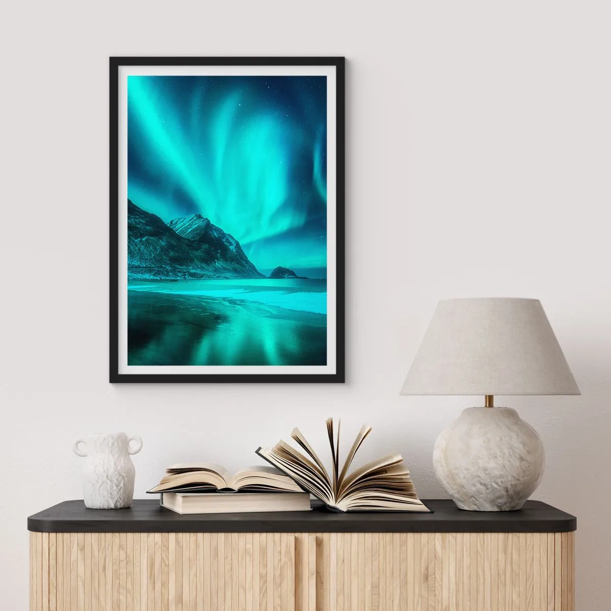 Poster in black frame - A photographic shot of the aurora borealis over a mountainous landscape - 50x70cm - Miracles of the North - Modern wall decoration for the living room and bedroom ARTTOR