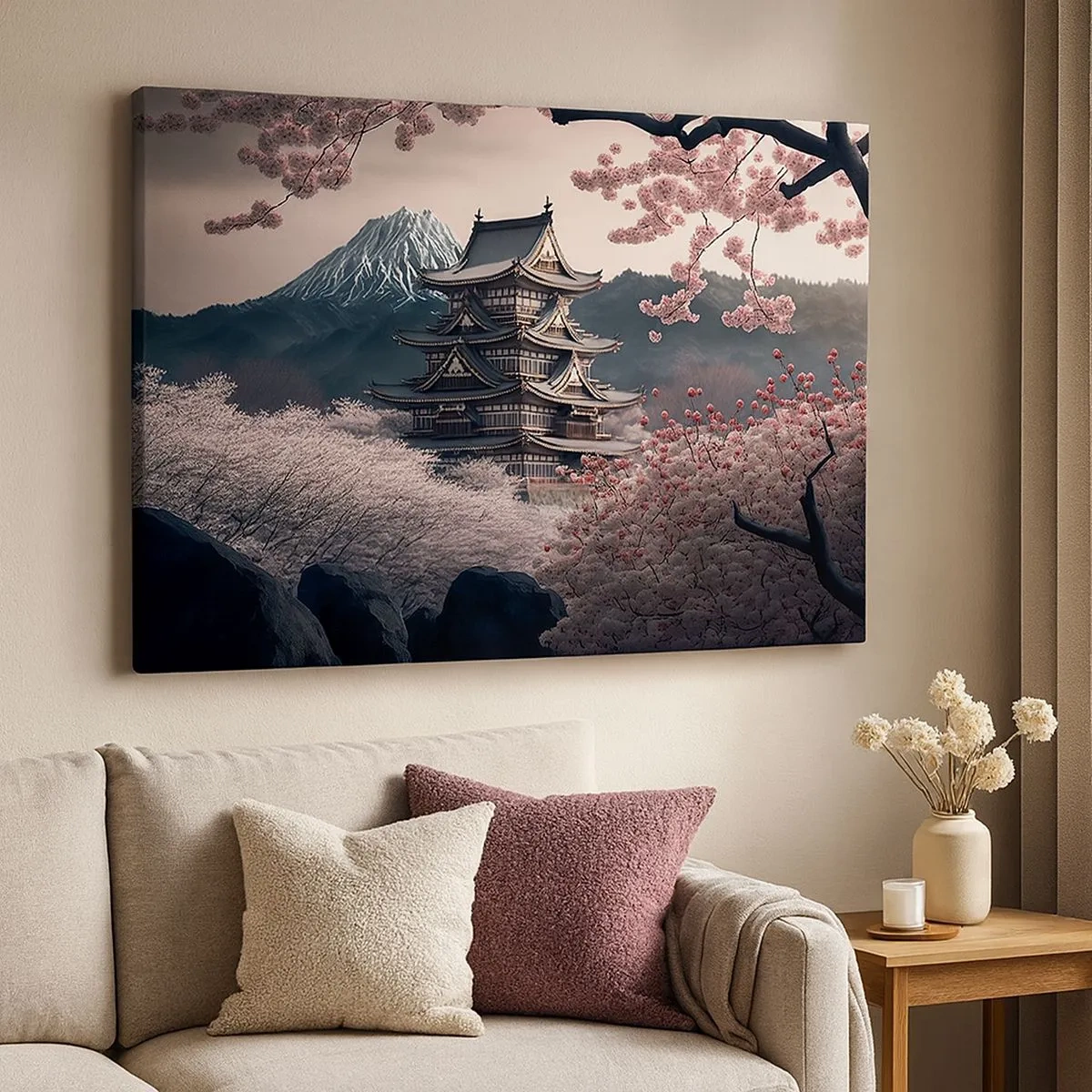 Canvas picture - Japanese temple surrounded by cherry blossoms and mountains - 70x50cm - Land of Cherry Blossoms - Modern wall decoration for the living room and bedroom ARTTOR