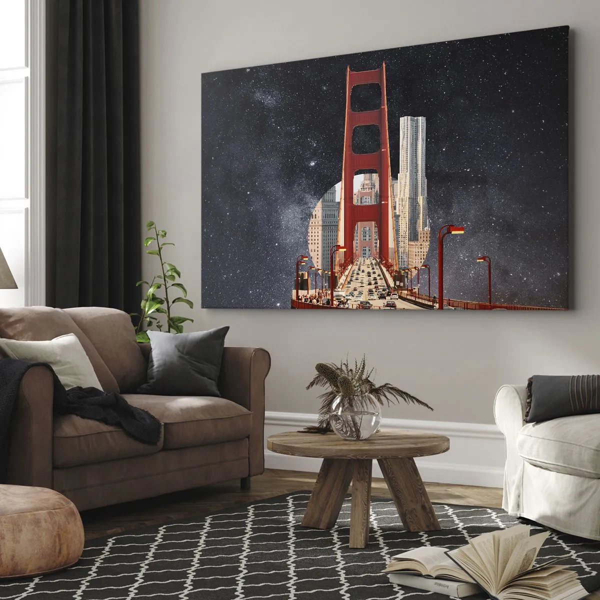 Canvas picture - The Golden Gate Bridge with the city in the background against a starry sky - 70x50cm - Always in the Centre - Modern wall decoration for the living room and bedroom ARTTOR