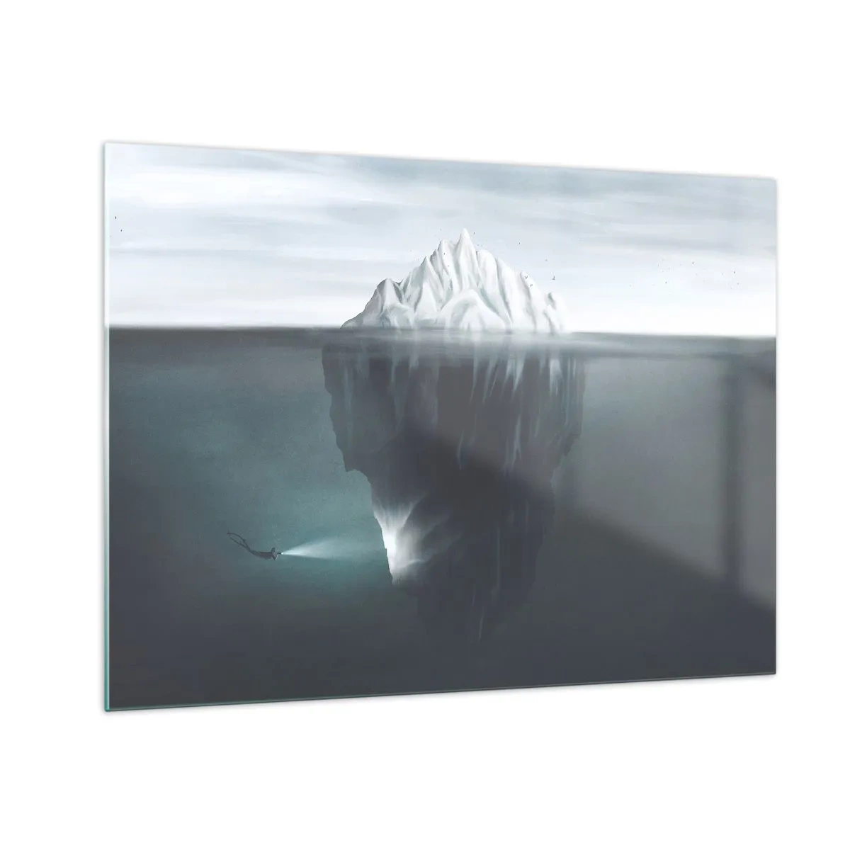 Glass picture - An iceberg with a diver exploring the underwater part - 70x50cm - Underwater Secret - Modern wall decoration for the living room and bedroom ARTTOR