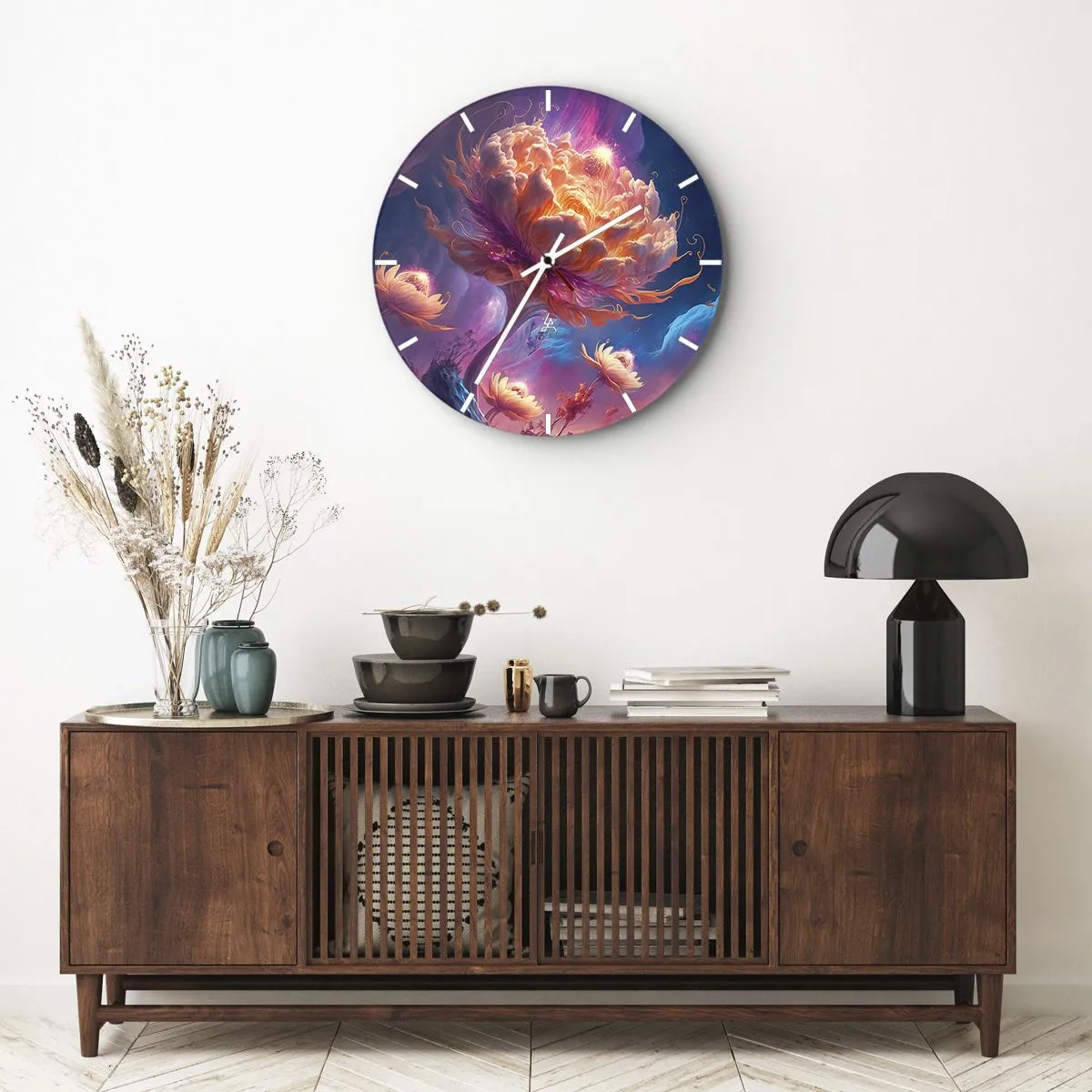 Wall clock - Clock on glass - A fantastic flower illuminated in a cosmic landscape - 30x30cm - Another World - Modern wall decoration for the living room, kitchen, and bedroom ARTTOR