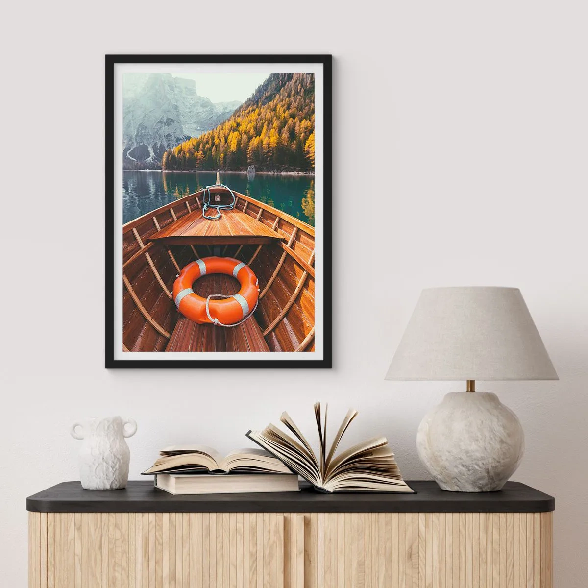 Poster in black frame - A wooden boat on a lake surrounded by mountains - 50x70cm - Mountain Hike - Modern wall decoration for the living room and bedroom ARTTOR
