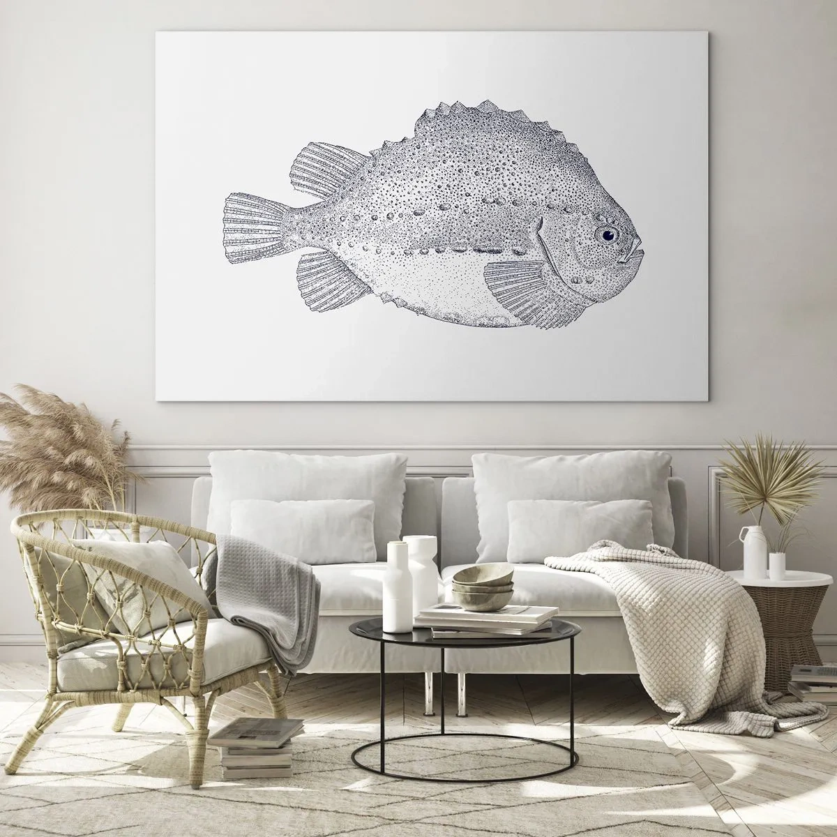 Glass picture - Detailed engraving of a fish on a white background in a nature style - 70x50cm - For Natural Scientist's Album - Modern wall decoration for the living room and bedroom ARTTOR